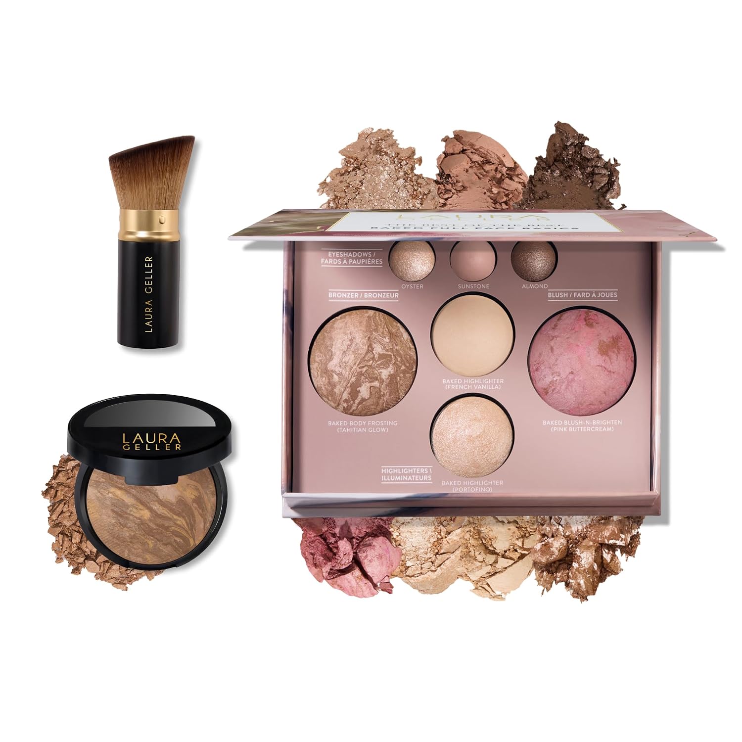 SET DE MAQUILLAJE LAURA GELLER BAKED STARTER KIT CON POLVO BALANCE-N-BRIGHTEN, PALETA BEST OF THE BEST Y BROCHA KABUKI RETRÁCTIL - 1