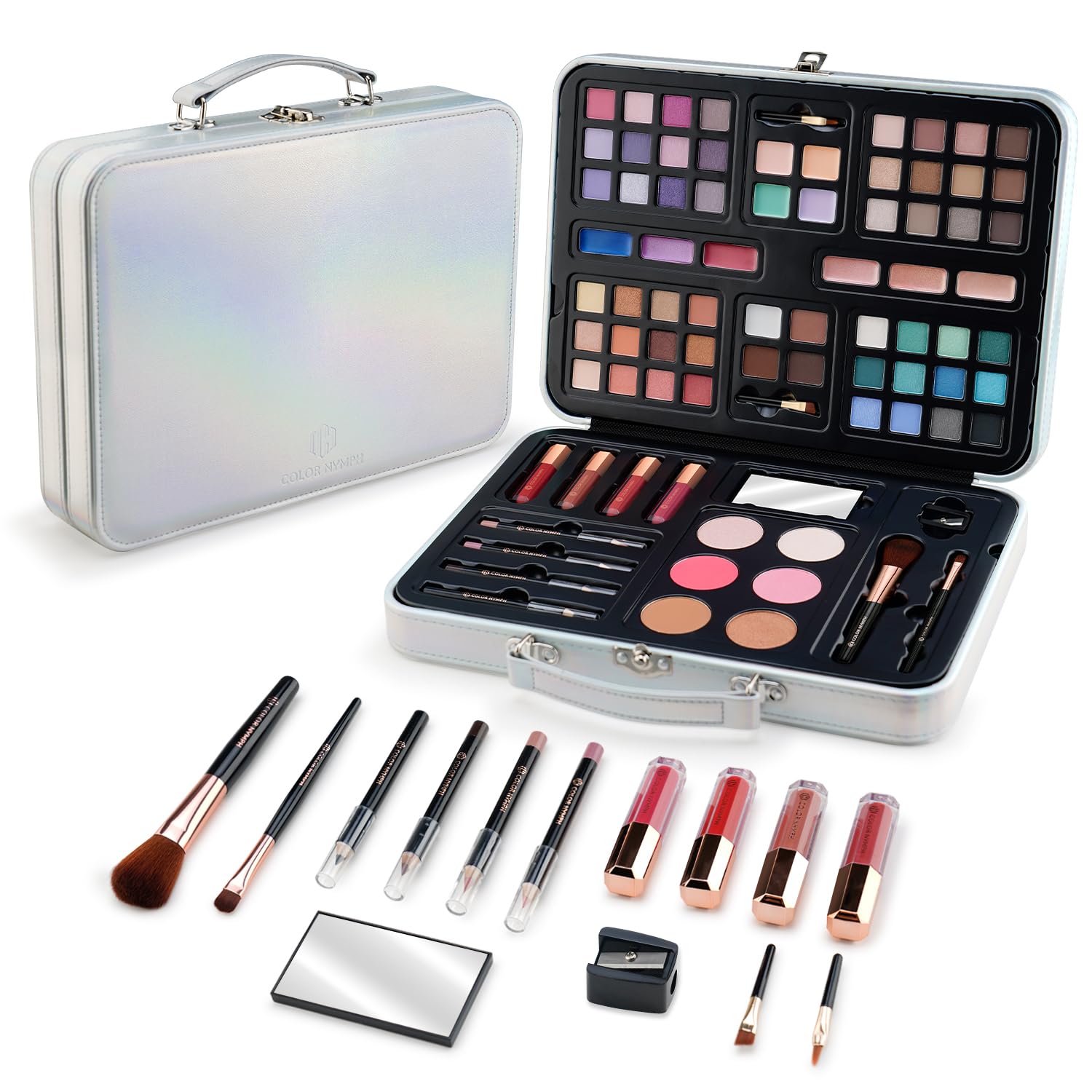 SET DE MAQUILLAJE COLOR NYMPH COMPLETO PARA MUJER ESTUCHE PLATEADO - 1