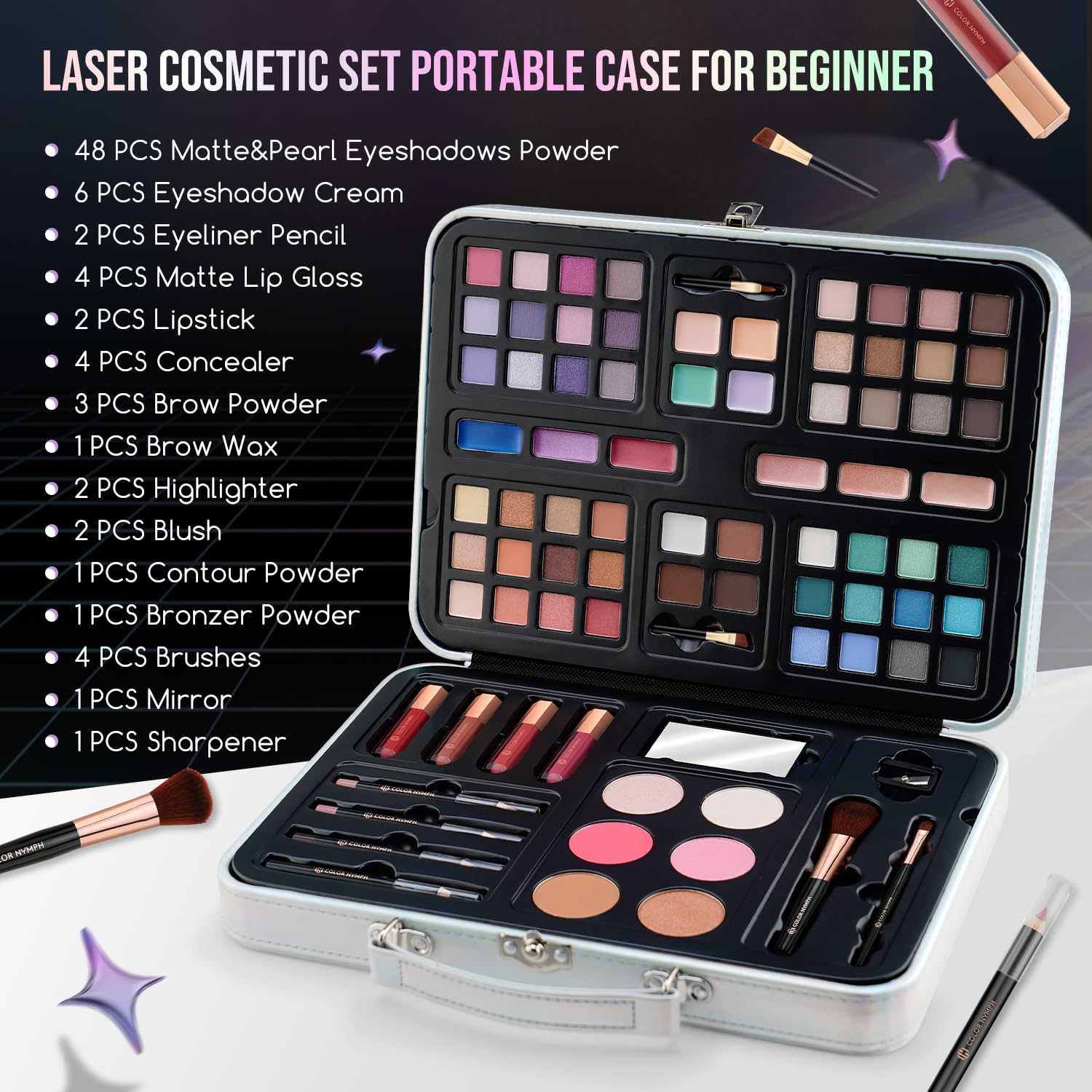 SET DE MAQUILLAJE COLOR NYMPH COMPLETO PARA MUJER ESTUCHE PLATEADO - 2