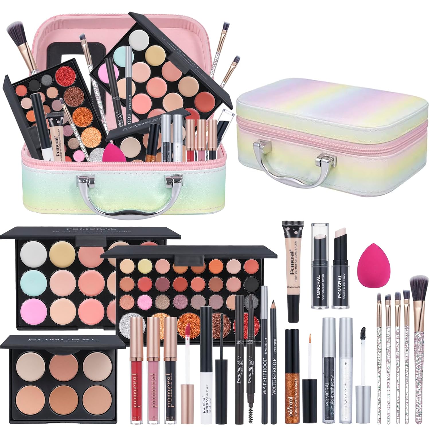 SET DE MAQUILLAJE POMCRAL PARA ADOLESCENTES Y PRINCIPIANTES CON PALETA DE SOMBRAS, CORRECTORES, BRILLO LABIAL Y BROCHAS - 1