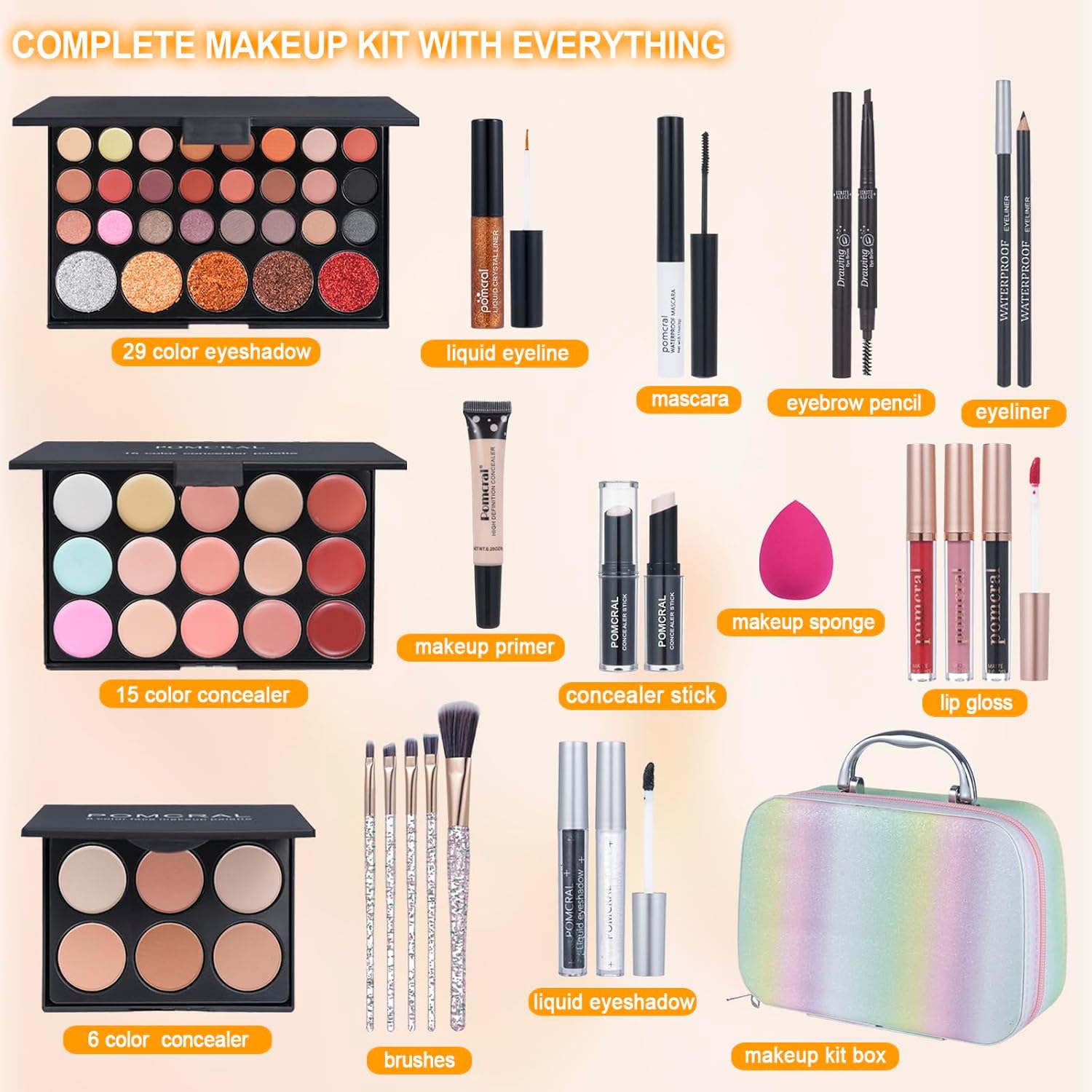 SET DE MAQUILLAJE POMCRAL PARA ADOLESCENTES Y PRINCIPIANTES CON PALETA DE SOMBRAS, CORRECTORES, BRILLO LABIAL Y BROCHAS - 2