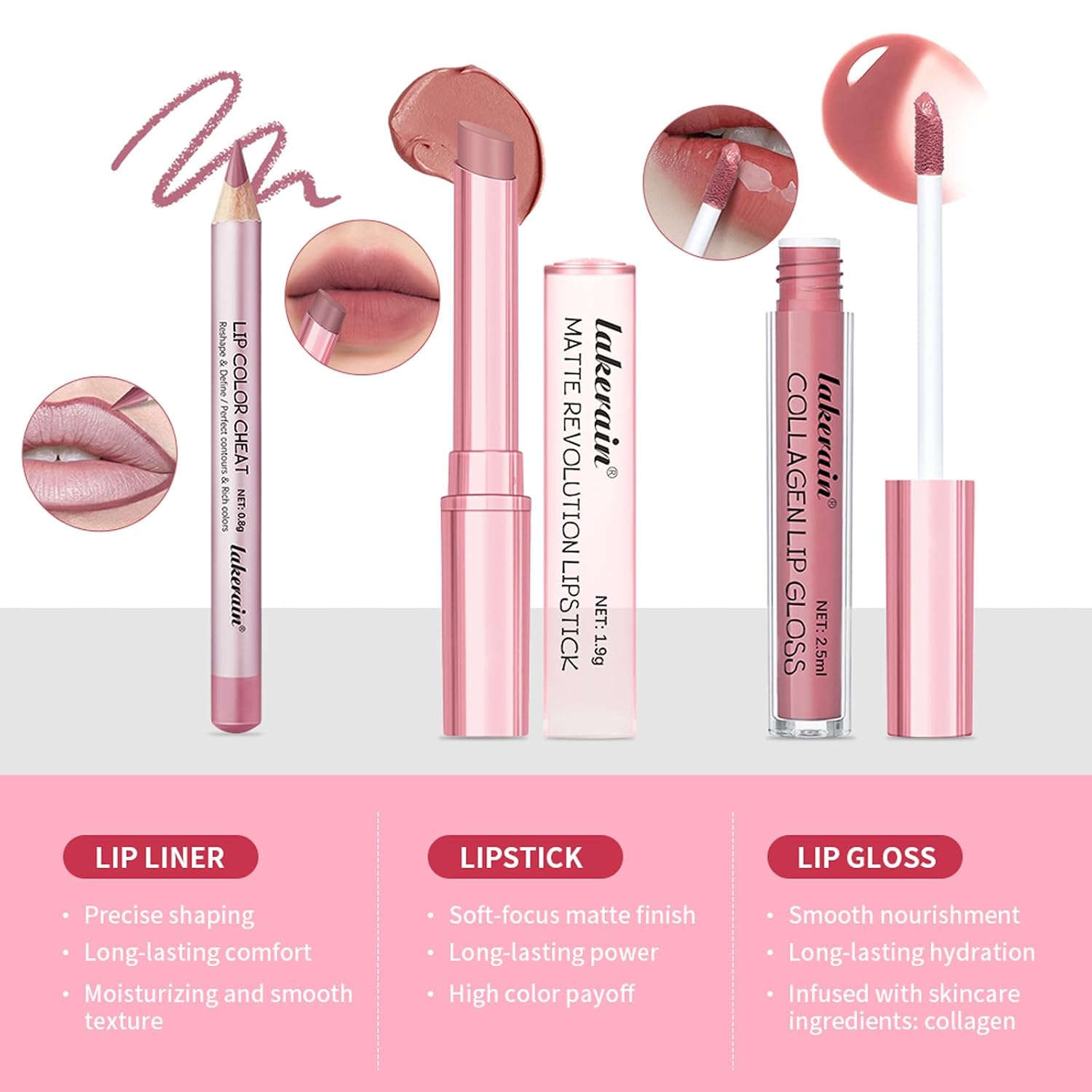 SET DE MAQUILLAJE LABIOS BESTLAND 3 PIEZAS NUDE ROSADO - 4
