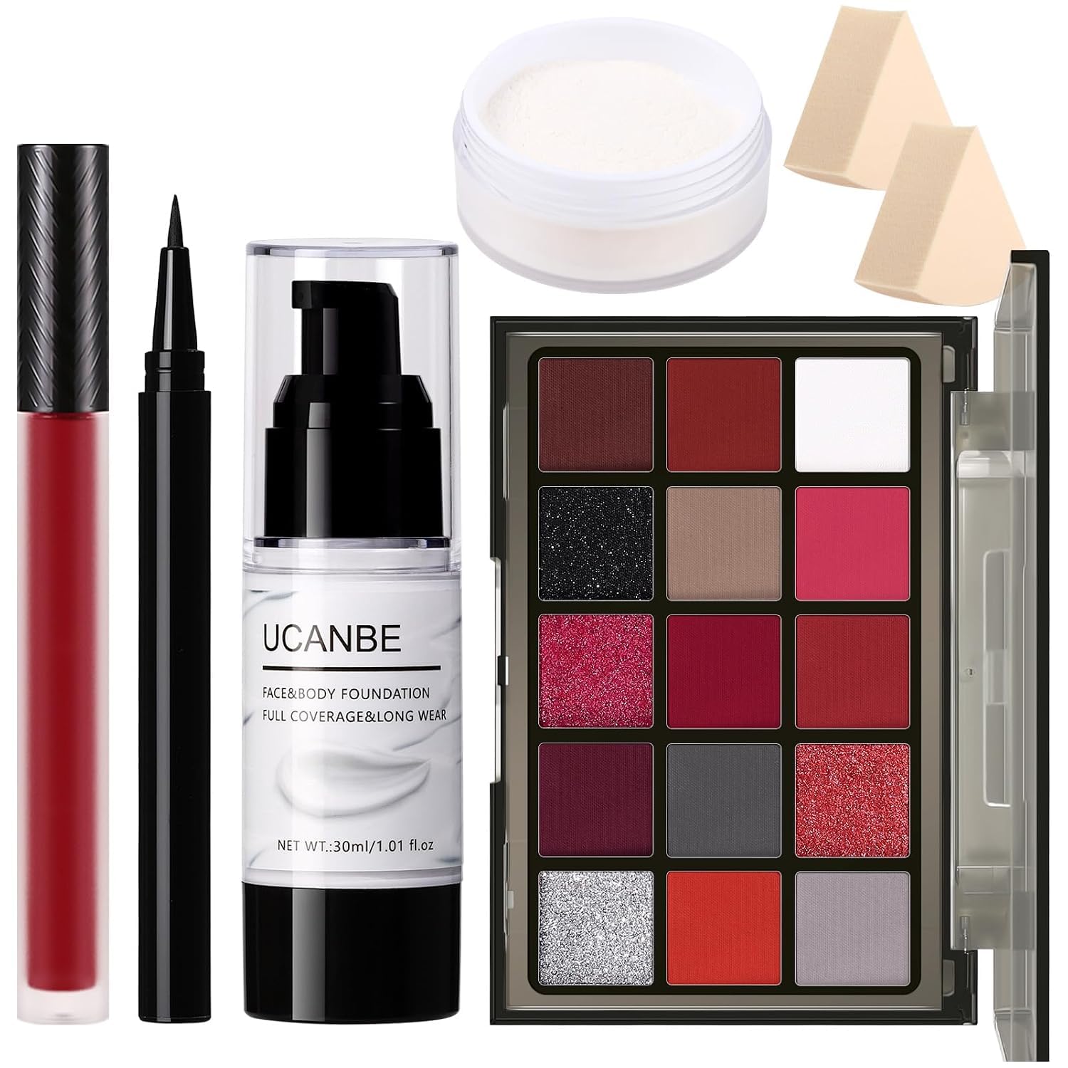 SET DE MAQUILLAJE HALLOWEEN UCANBE KIT ROJO CON PALETA DE 15 SOMBRAS, BASE LÍQUIDA BLANCA, LABIAL ROJO, DELINEADOR NEGRO, POLVO - 1