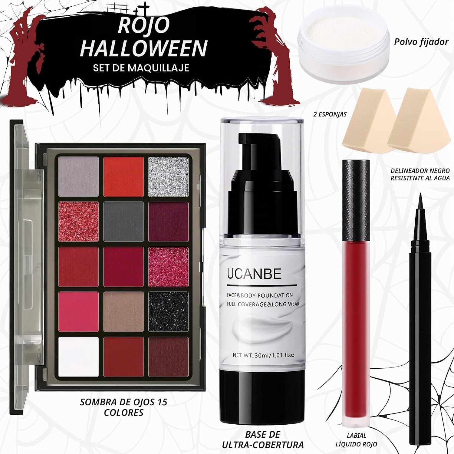 SET DE MAQUILLAJE HALLOWEEN UCANBE KIT ROJO CON PALETA DE 15 SOMBRAS, BASE LÍQUIDA BLANCA, LABIAL ROJO, DELINEADOR NEGRO, POLVO - 2