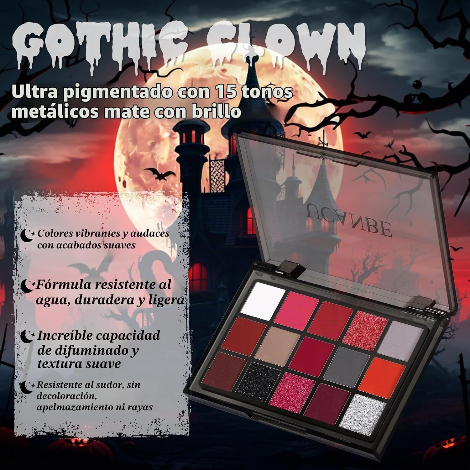 SET DE MAQUILLAJE HALLOWEEN UCANBE KIT ROJO CON PALETA DE 15 SOMBRAS, BASE LÍQUIDA BLANCA, LABIAL ROJO, DELINEADOR NEGRO, POLVO - 3