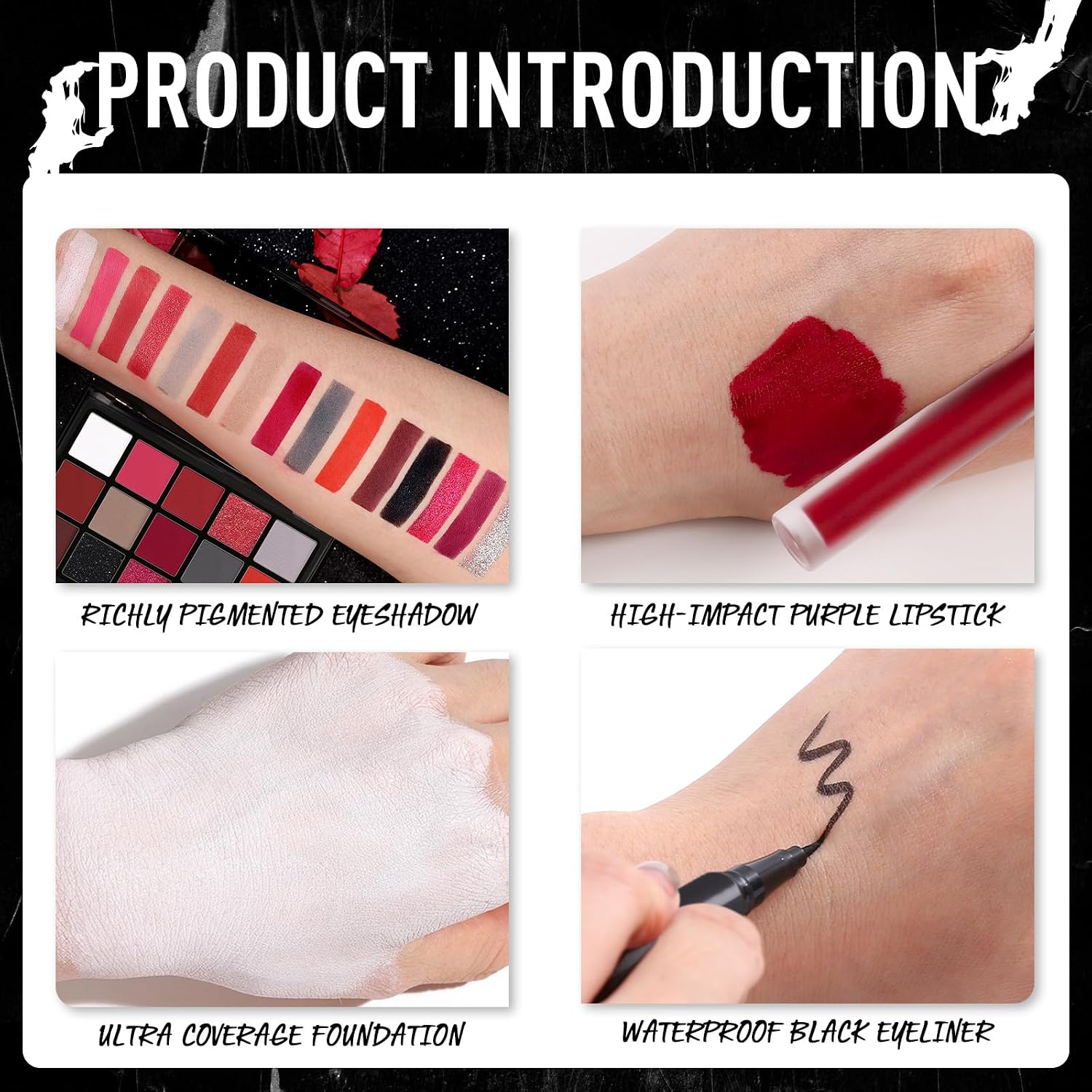 SET DE MAQUILLAJE HALLOWEEN UCANBE KIT ROJO CON PALETA DE 15 SOMBRAS, BASE LÍQUIDA BLANCA, LABIAL ROJO, DELINEADOR NEGRO, POLVO - 5