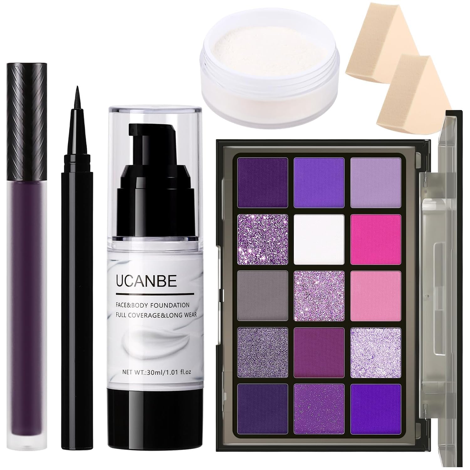 SET DE MAQUILLAJE HALLOWEEN UCANBE EDICIÓN PÚRPURA CON PALETA DE 15 SOMBRAS, BASE LÍQUIDA BLANCA, LABIAL LÍQUIDO PÚRPURA - 1