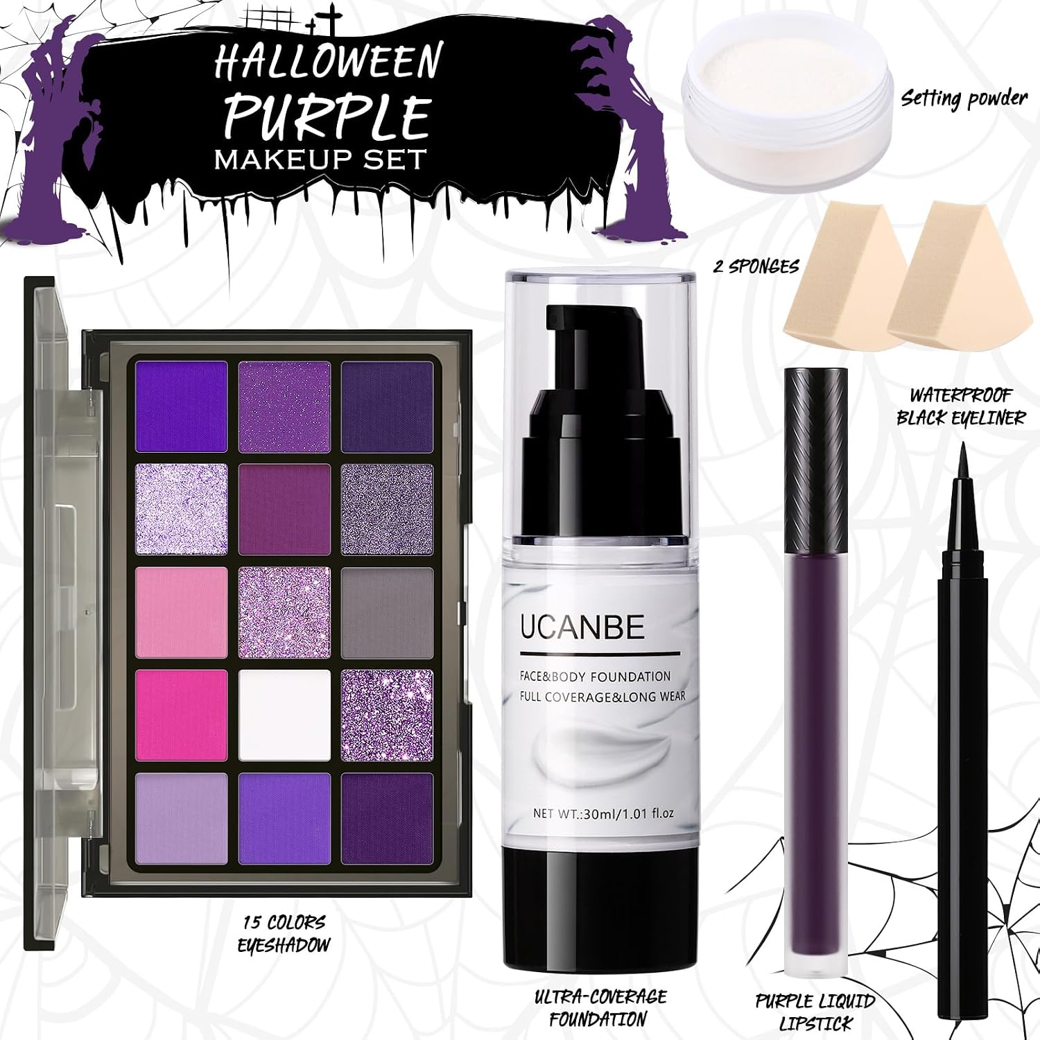 SET DE MAQUILLAJE HALLOWEEN UCANBE EDICIÓN PÚRPURA CON PALETA DE 15 SOMBRAS, BASE LÍQUIDA BLANCA, LABIAL LÍQUIDO PÚRPURA - 2