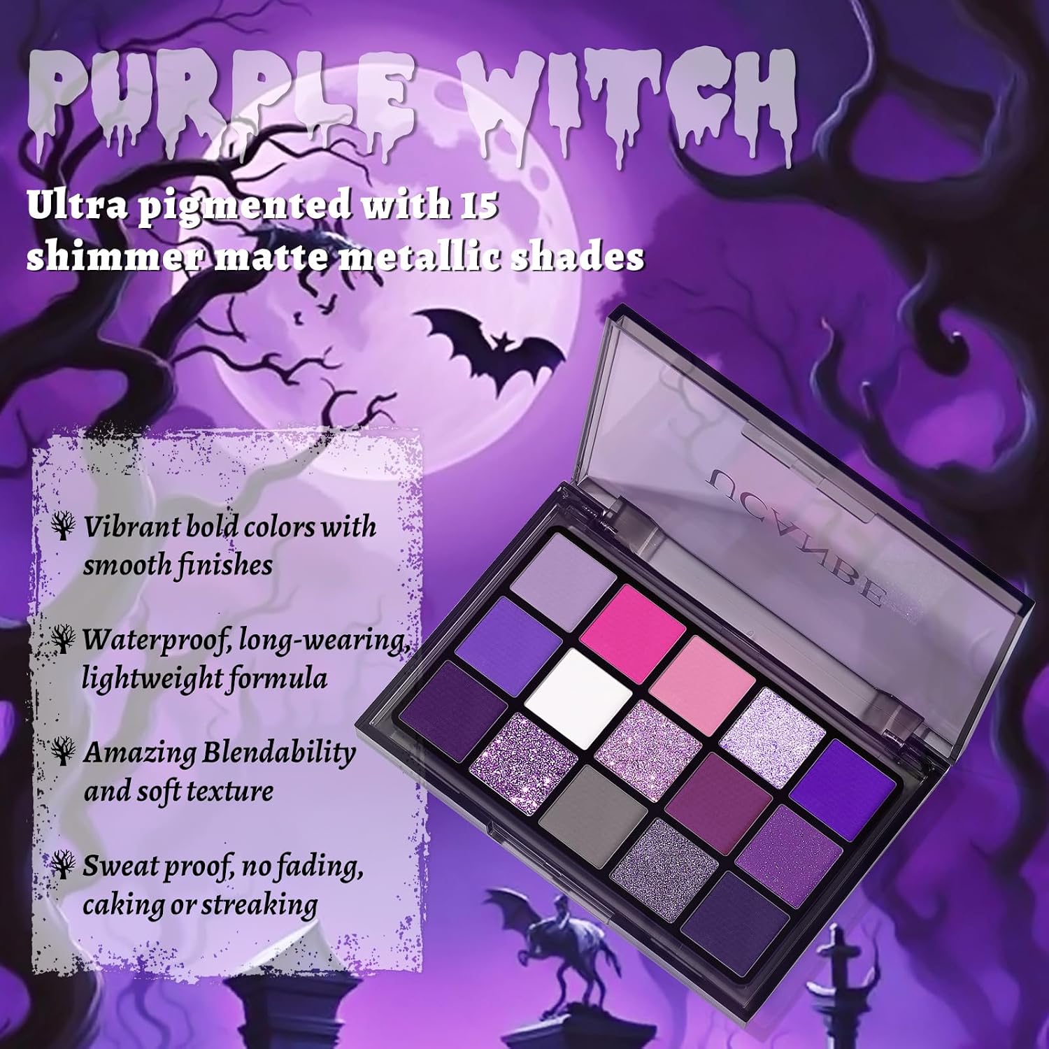 SET DE MAQUILLAJE HALLOWEEN UCANBE EDICIÓN PÚRPURA CON PALETA DE 15 SOMBRAS, BASE LÍQUIDA BLANCA, LABIAL LÍQUIDO PÚRPURA - 3