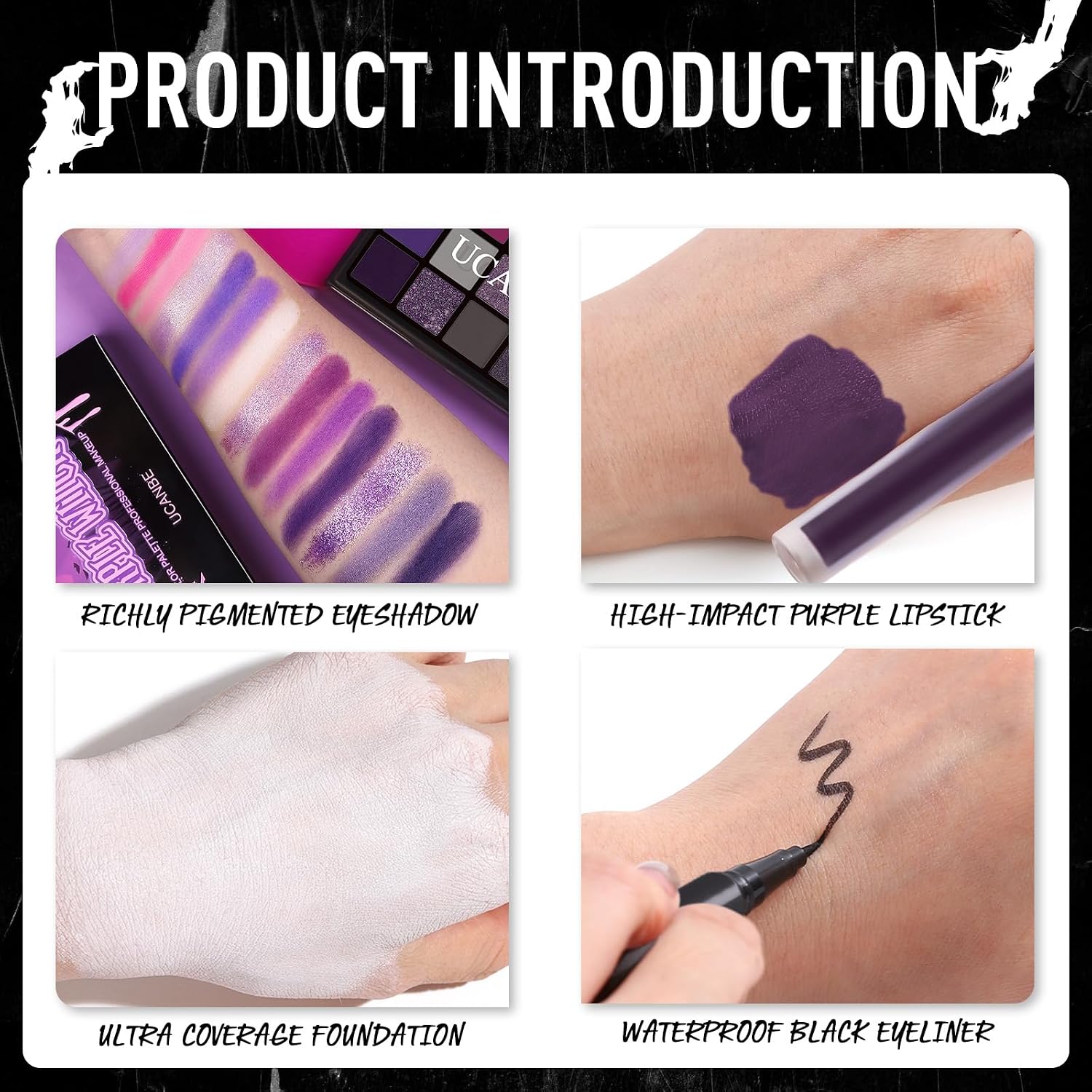 SET DE MAQUILLAJE HALLOWEEN UCANBE EDICIÓN PÚRPURA CON PALETA DE 15 SOMBRAS, BASE LÍQUIDA BLANCA, LABIAL LÍQUIDO PÚRPURA - 5