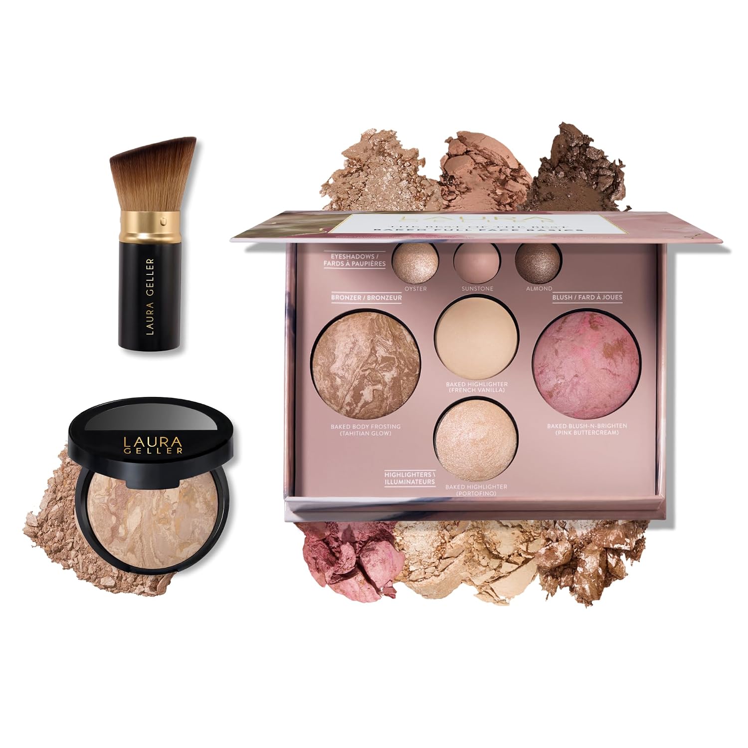 SET DE MAQUILLAJE LAURA GELLER BAKED STARTER KIT CON POLVO BALANCE-N-BRIGHTEN, PALETA BEST OF THE BEST Y BROCHA KABUKI RETRÁCTIL - 1