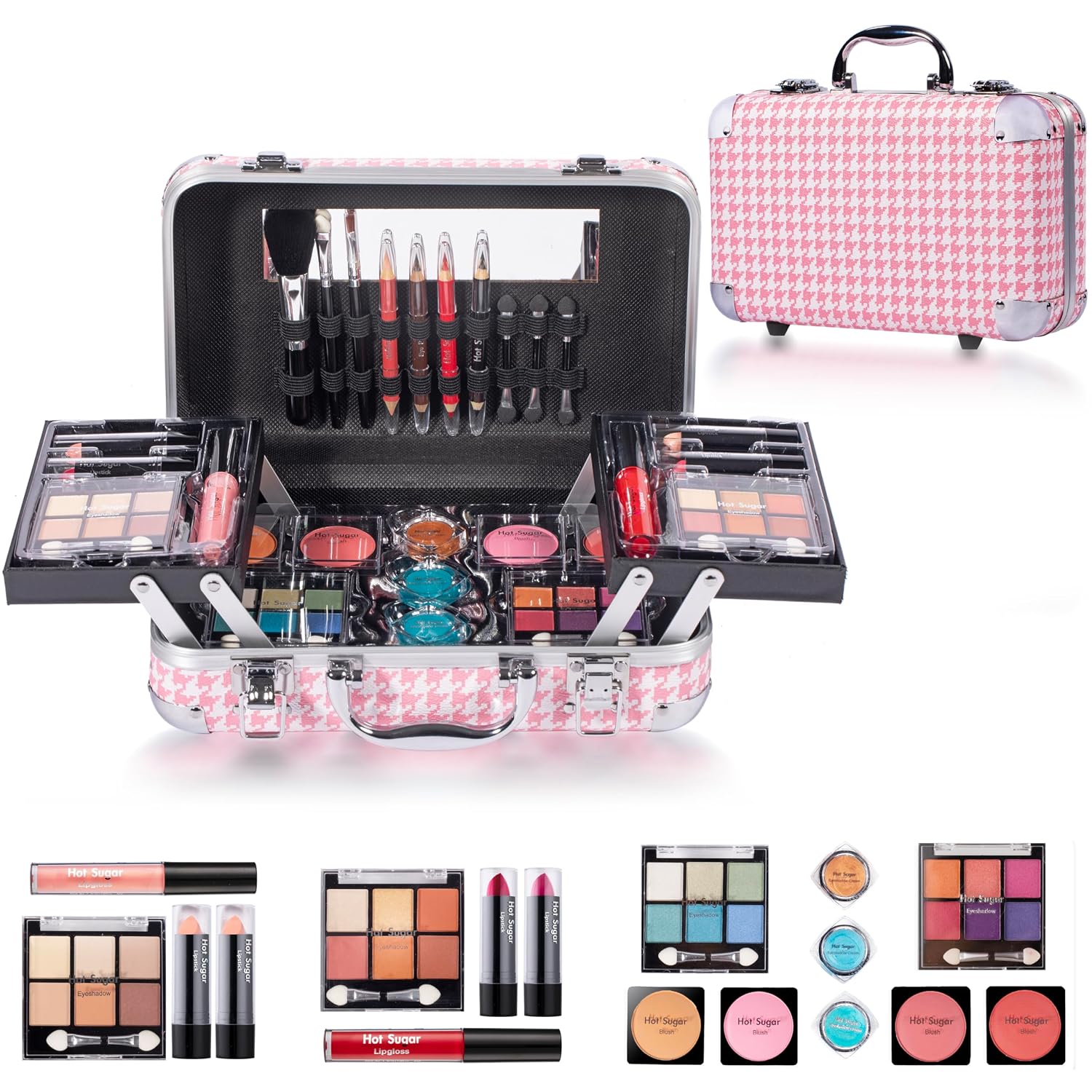 SET DE MAQUILLAJE HOT SUGAR ALL-IN-ONE PARA ADULTOS Y NIÑAS, DISEÑO PATA DE GALLO ROSA - 1