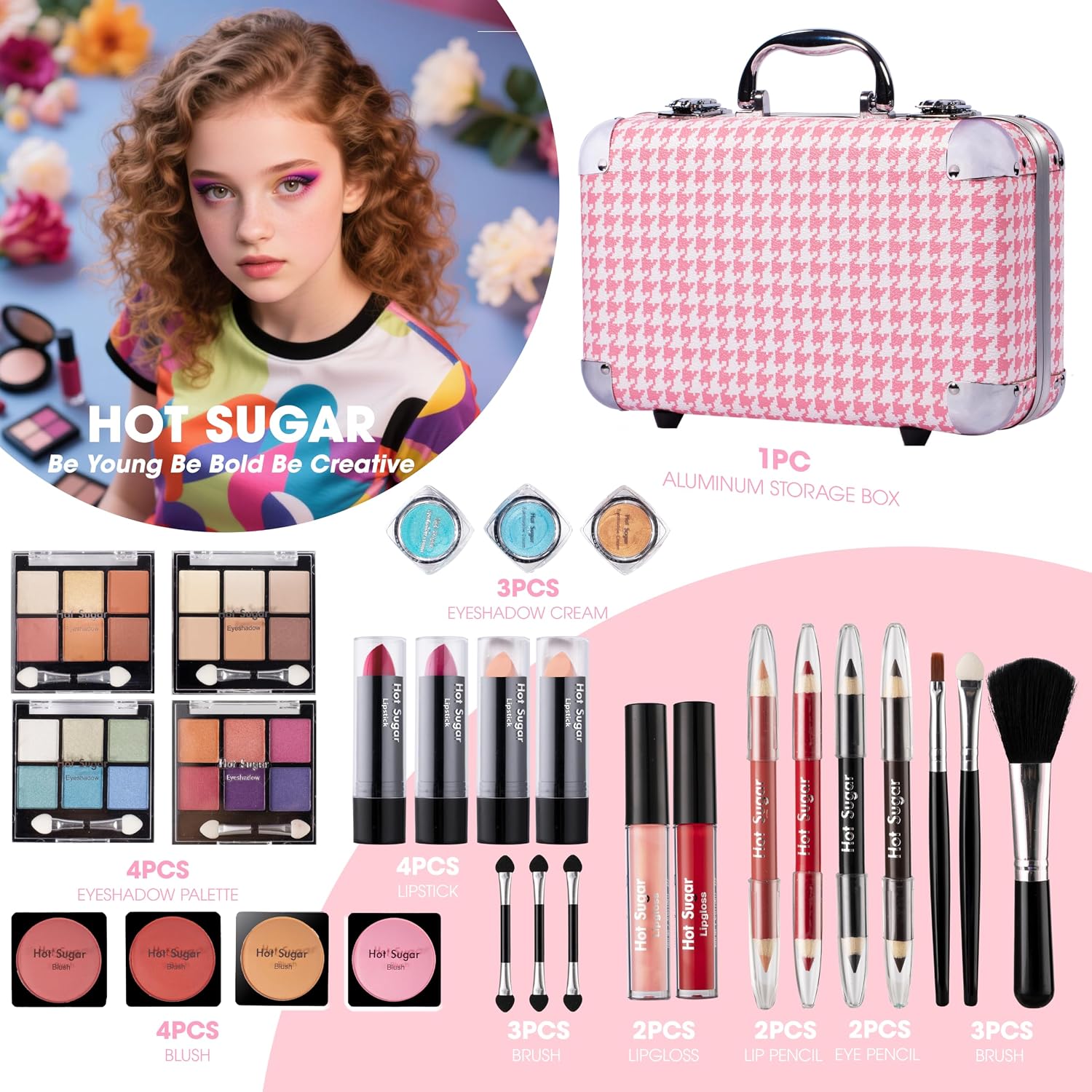 SET DE MAQUILLAJE HOT SUGAR ALL-IN-ONE PARA ADULTOS Y NIÑAS, DISEÑO PATA DE GALLO ROSA - 2