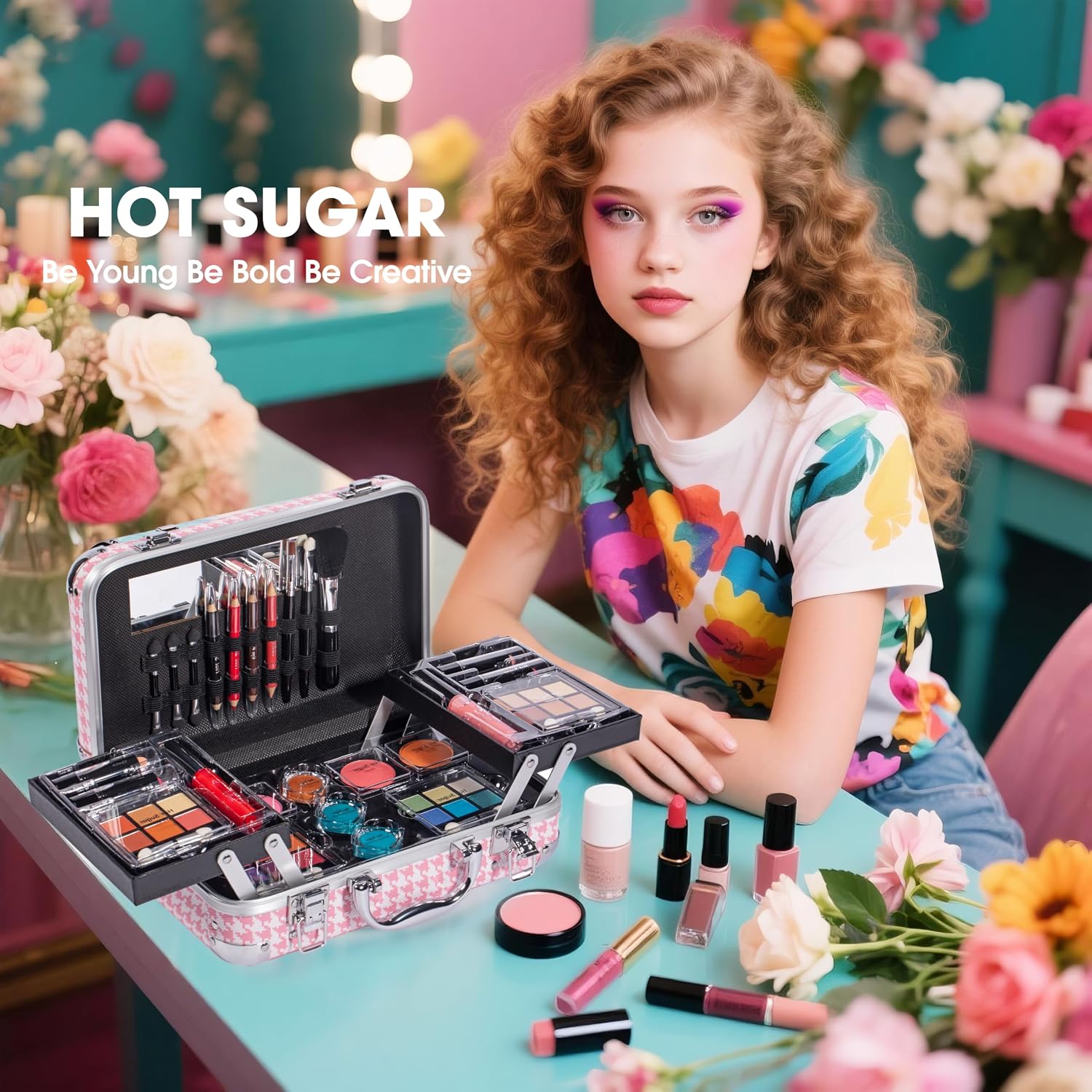 SET DE MAQUILLAJE HOT SUGAR ALL-IN-ONE PARA ADULTOS Y NIÑAS, DISEÑO PATA DE GALLO ROSA - 4