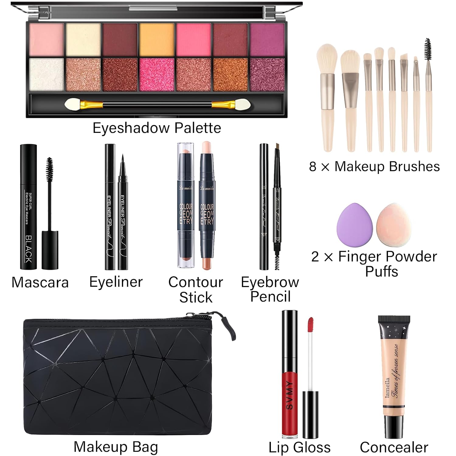 SET DE MAQUILLAJE PWYSHXDF COMPLETO PARA MUJER CON PALETA DE 14 COLORES, BRILLO LABIAL, LÁPIZ DE CEJAS Y MÁS - 2