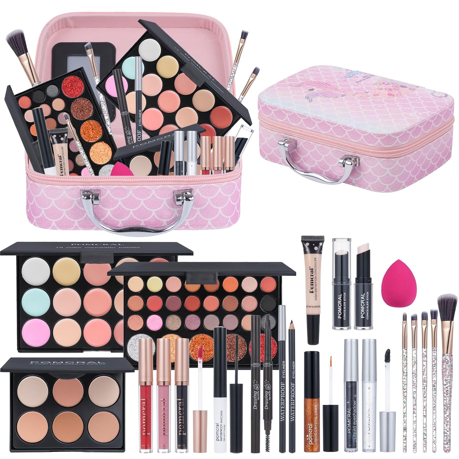 SET DE MAQUILLAJE POMCRAL PARA PRINCIPIANTES CON PALETAS DE SOMBRAS, CORRECTORES, BRILLO LABIAL Y BROCHAS ROSA - 1