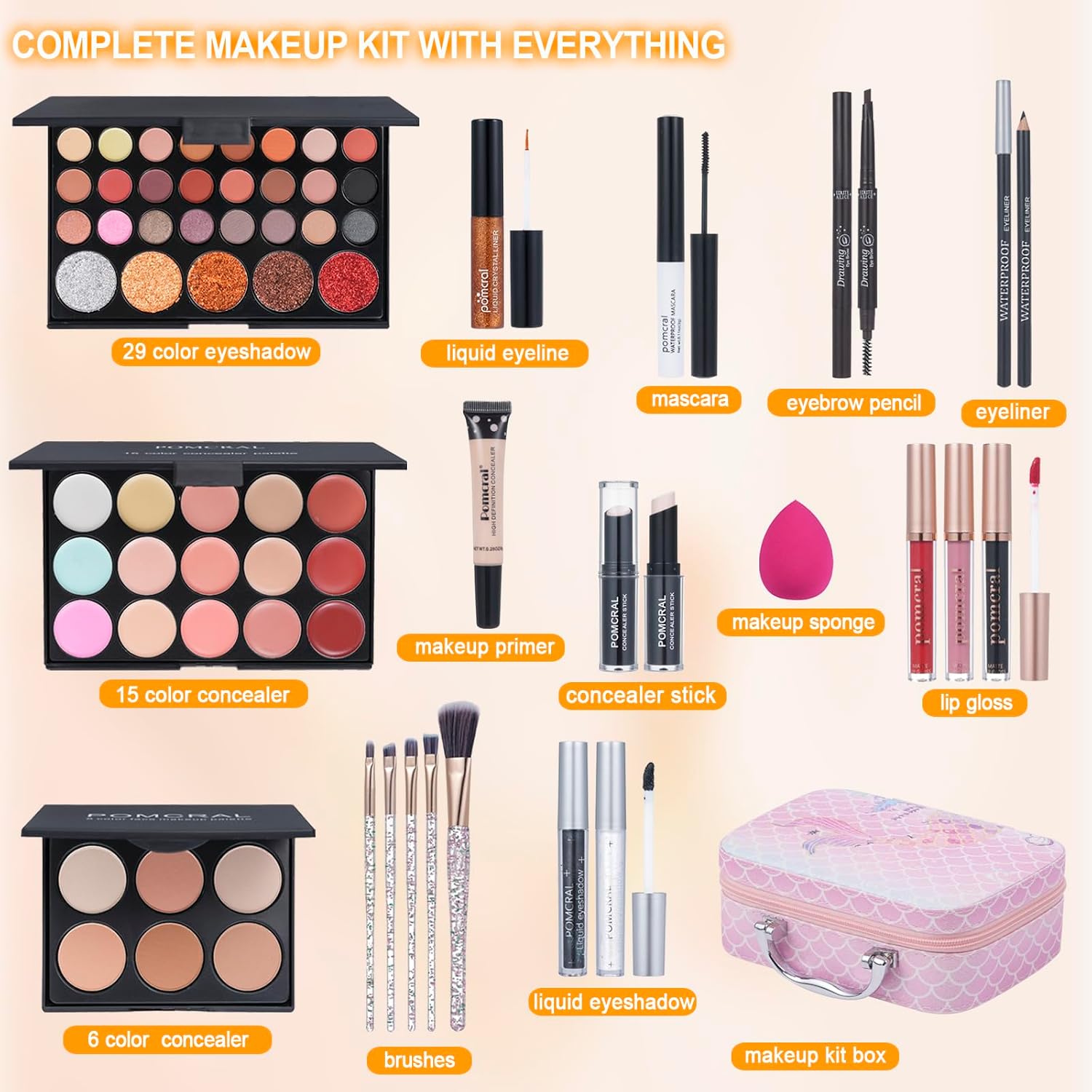 SET DE MAQUILLAJE POMCRAL PARA PRINCIPIANTES CON PALETAS DE SOMBRAS, CORRECTORES, BRILLO LABIAL Y BROCHAS ROSA - 2