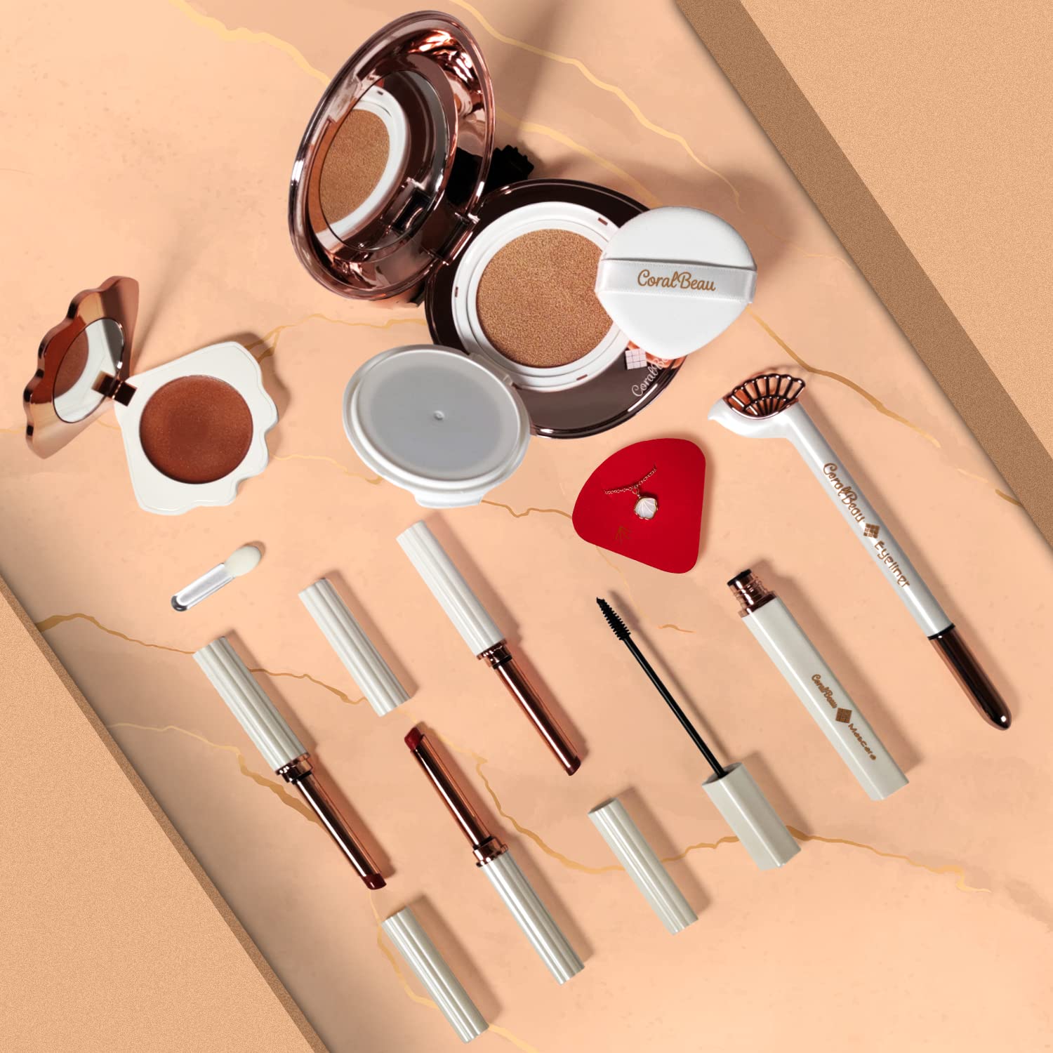 SET DE MAQUILLAJE CORALBEAU PARA ADOLESCENTES CON BB CREAM, PALETA DE SOMBRAS MARRONES, MÁSCARA DE PESTAÑAS Y 3 LABIALES - 2