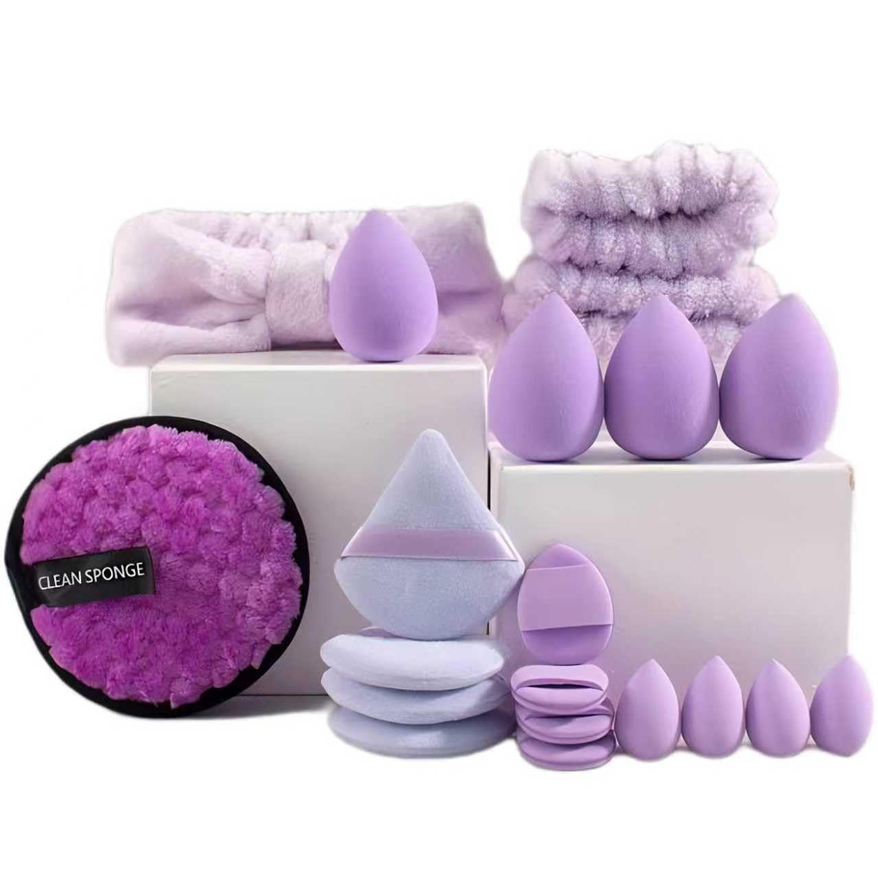 SET DE ACCESORIOS PARA MAQUILLAJE SUNIYA CON BANDA PARA CABEZA, PULSERAS Y ESPONJAS MORADO - 1