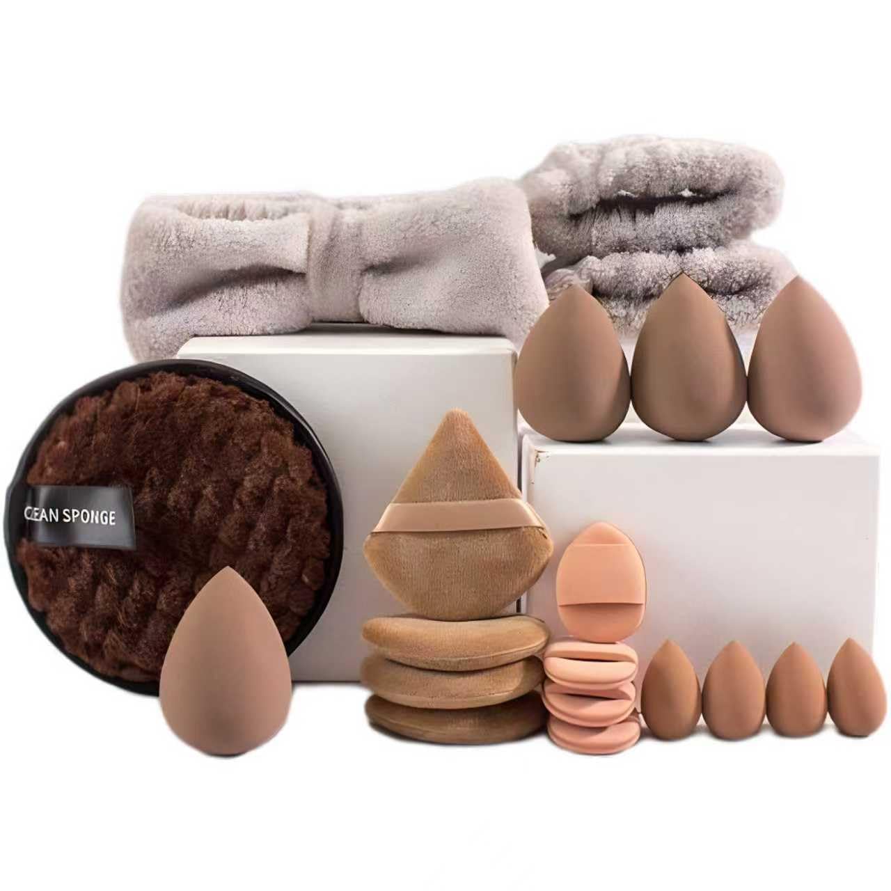 SET DE ACCESORIOS PARA MAQUILLAJE SUNIYA CON BANDA PARA CABEZA, PULSERAS Y ESPONJAS MARRÓN - 1