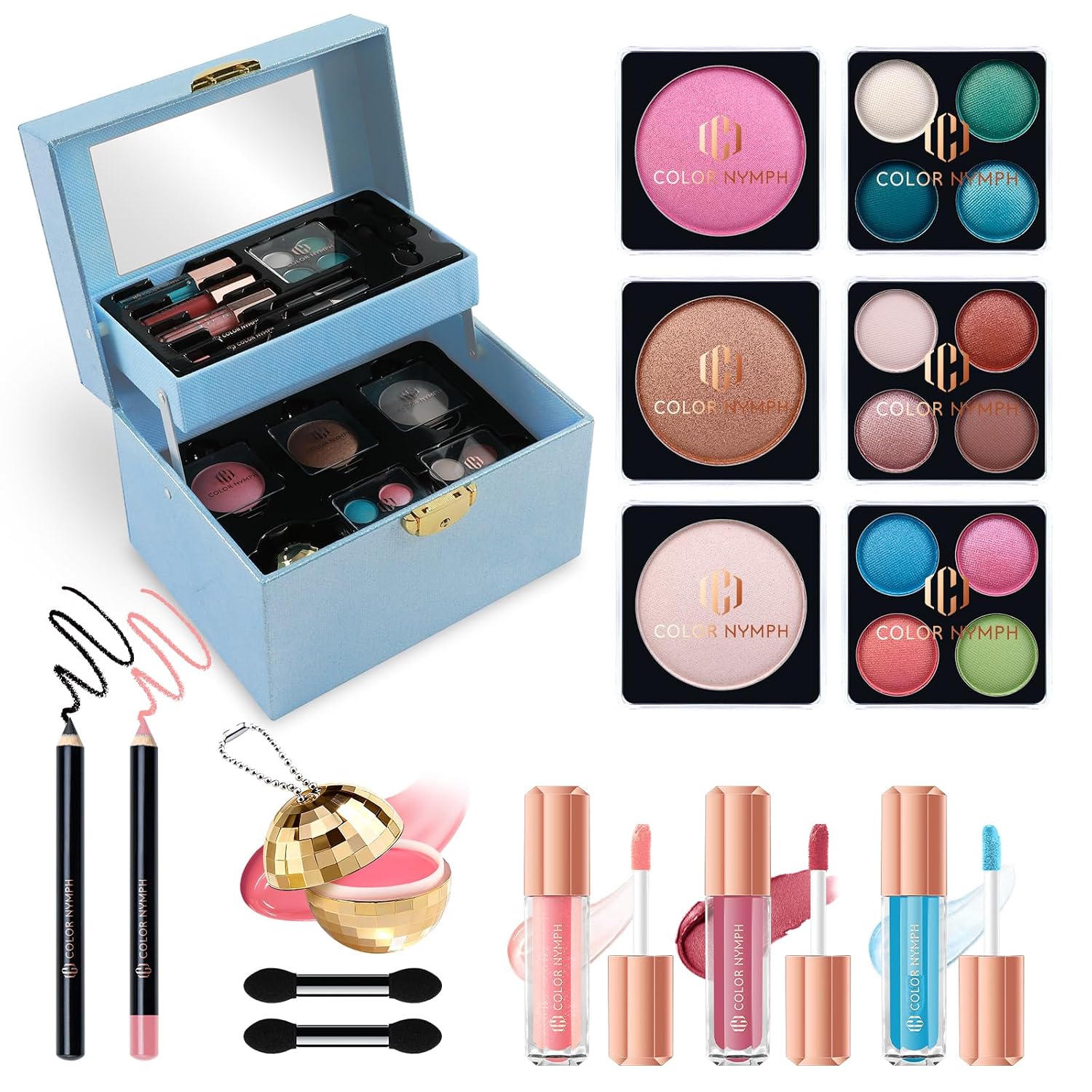 SET DE MAQUILLAJE COLOR NYMPH PARA ADOLESCENTES CON ORGANIZADOR Y ESPEJO AZUL - 1