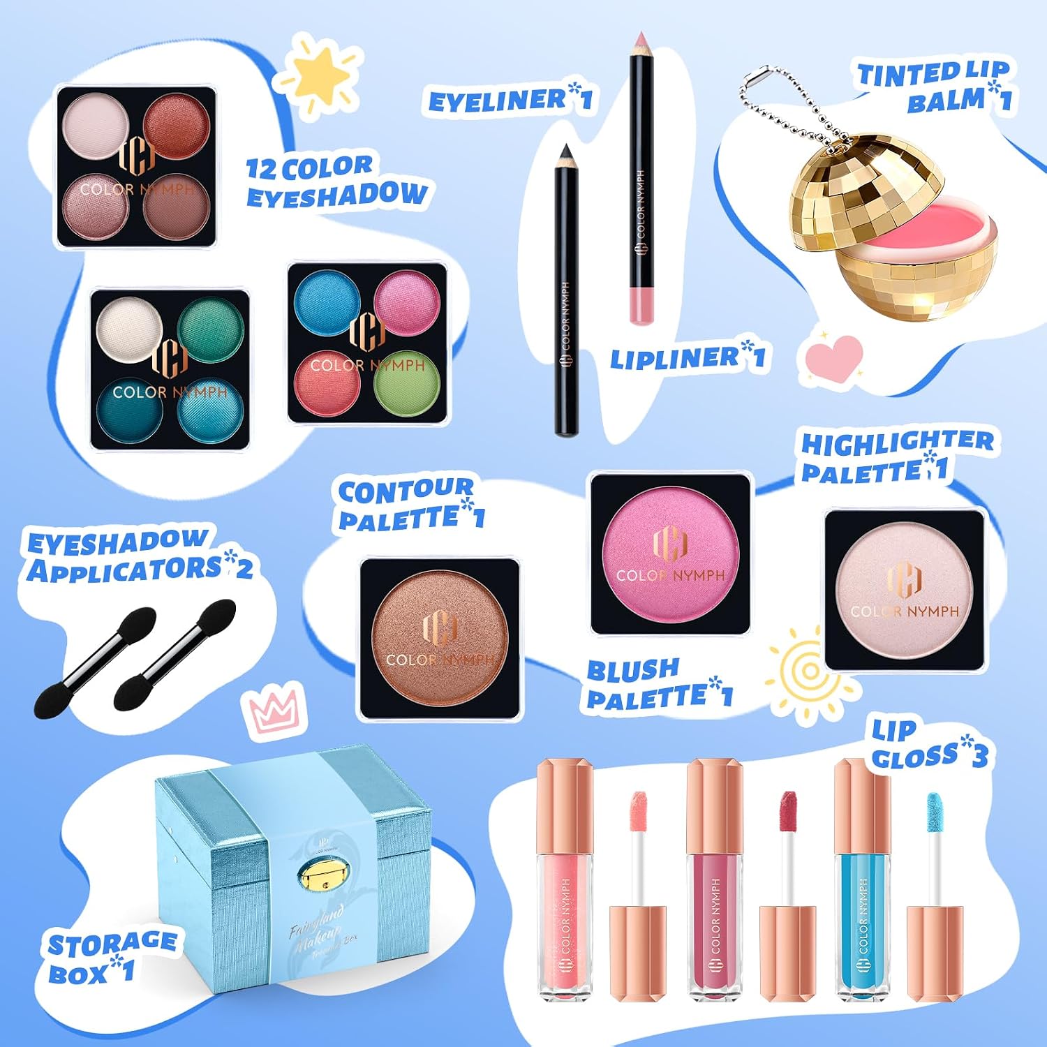 SET DE MAQUILLAJE COLOR NYMPH PARA ADOLESCENTES CON ORGANIZADOR Y ESPEJO AZUL - 2
