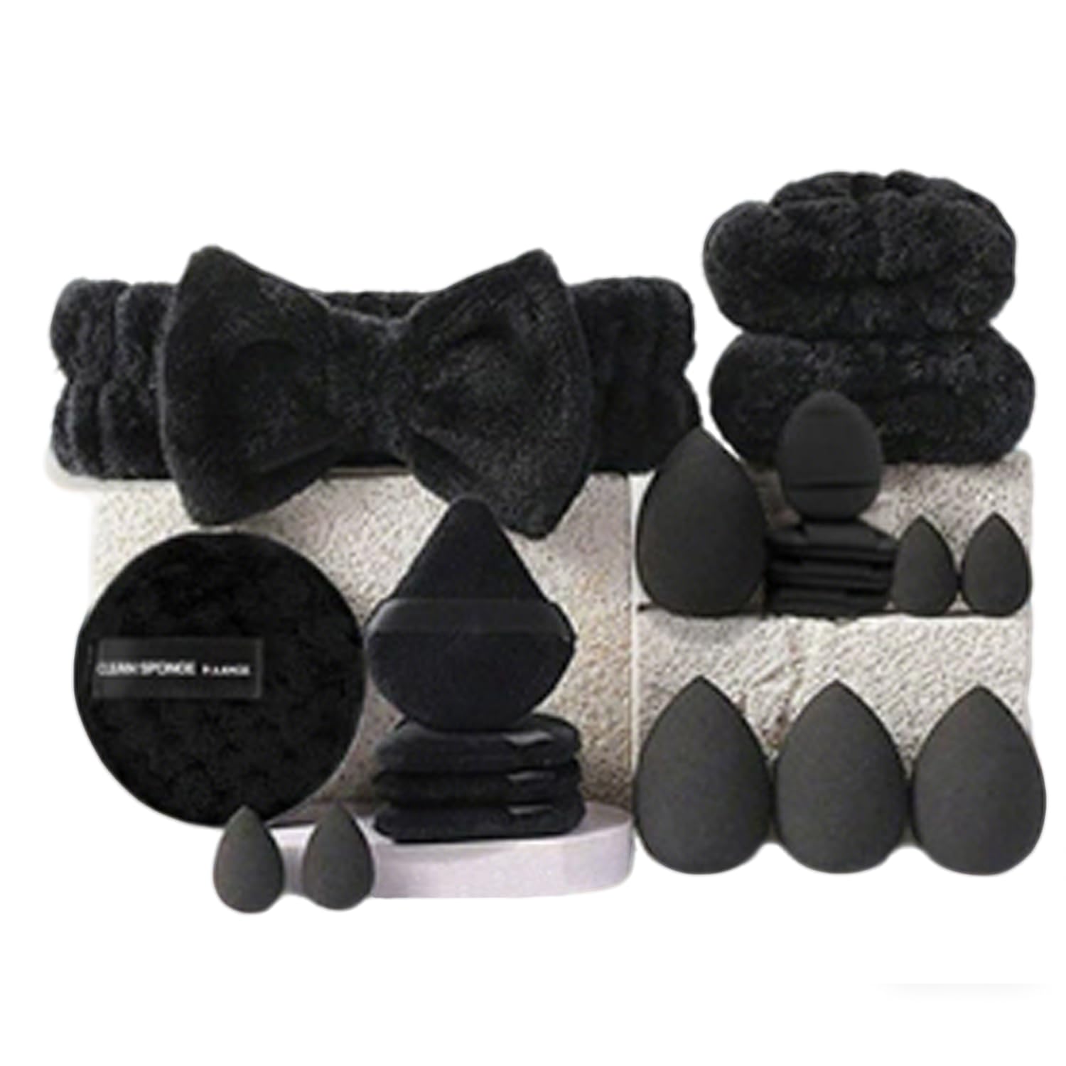 SET DE ACCESORIOS PARA MAQUILLAJE SUNIYA CON BANDA PARA CABEZA, PULSERAS Y ESPONJAS NEGRAS - 1