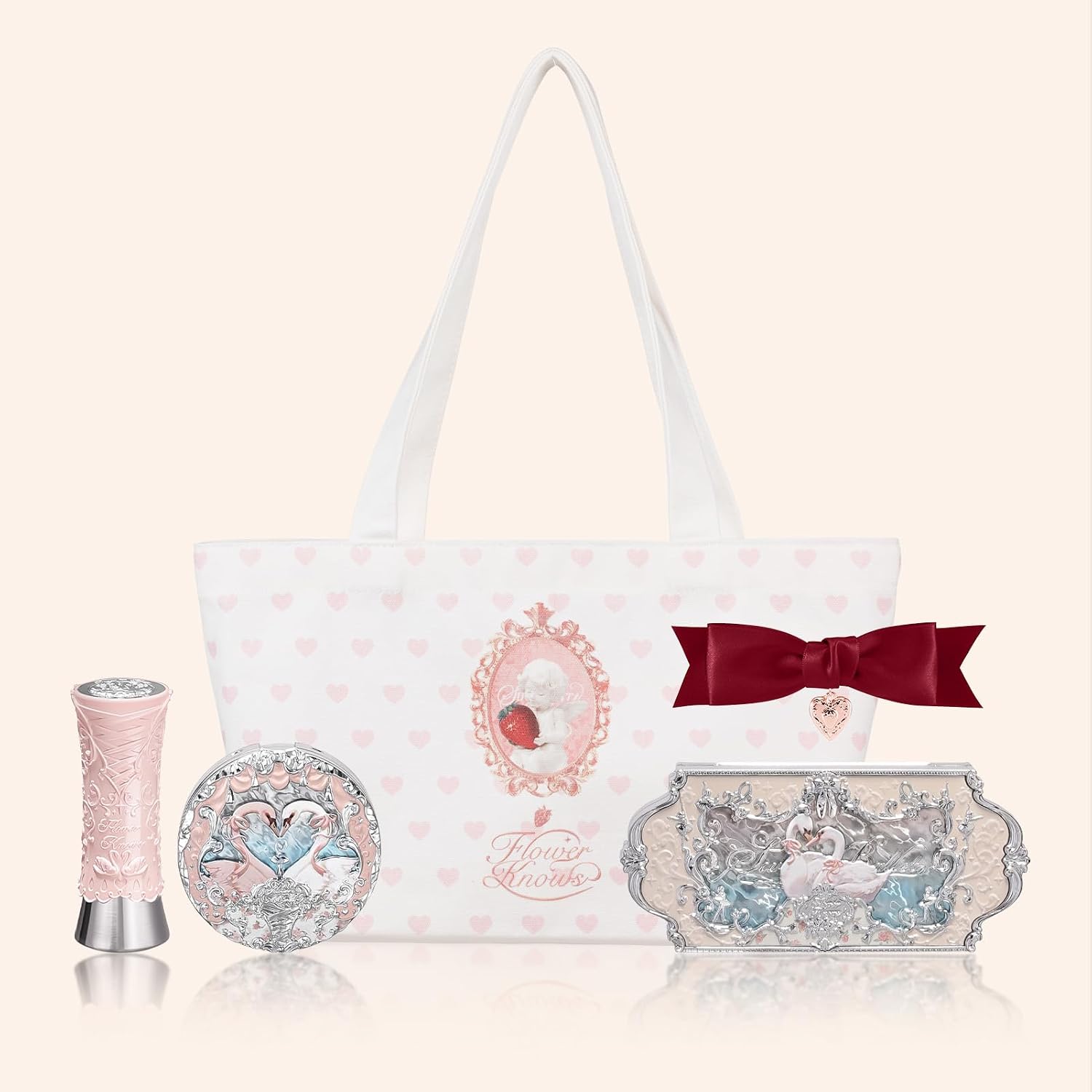SET DE MAQUILLAJE FLOWER KNOWS SWAN BALLET 5 PIEZAS CON LABIAL SHINE B03, RUBOR EN POLVO 05, PALETA DE SOMBRAS 01, BOLSO DE LONA - 1