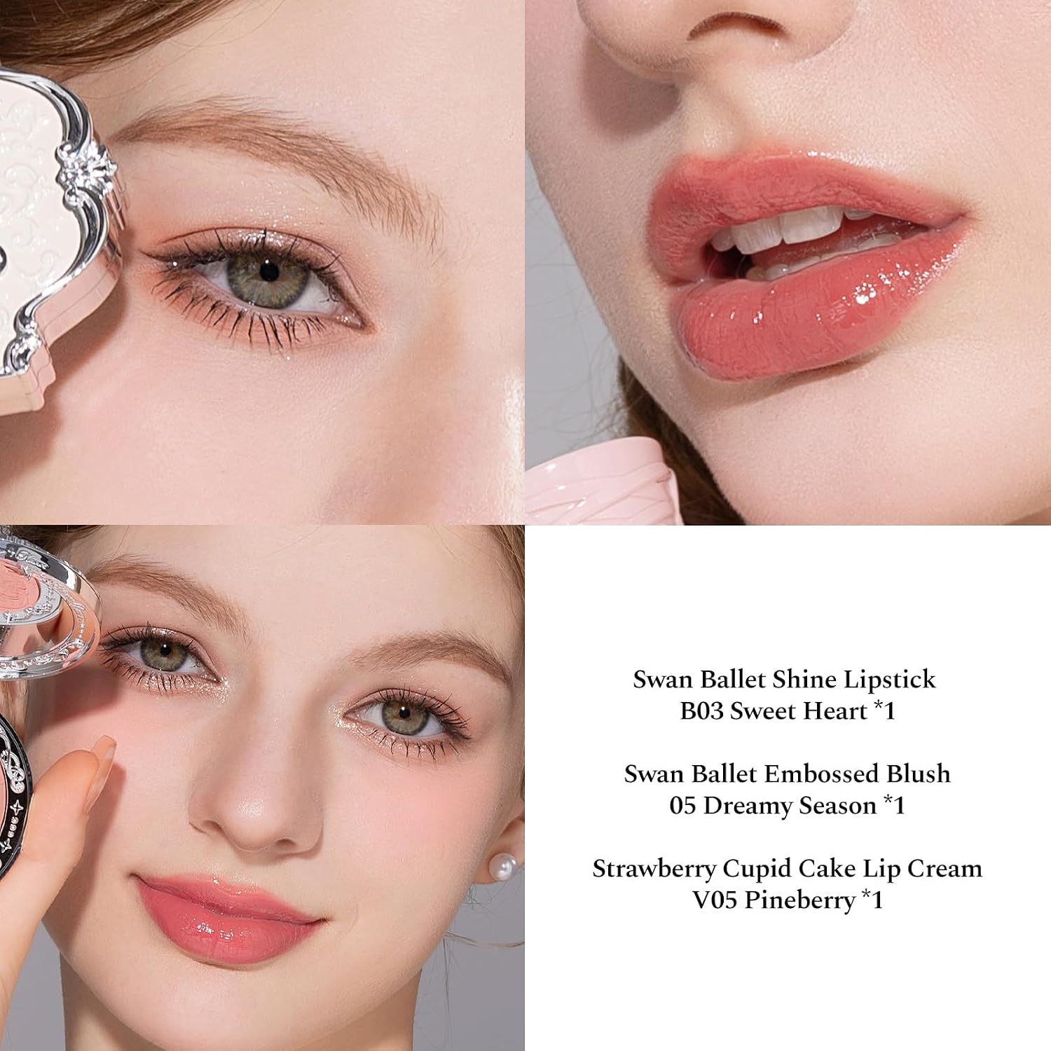 SET DE MAQUILLAJE FLOWER KNOWS SWAN BALLET 5 PIEZAS CON LABIAL SHINE B03, RUBOR EN POLVO 05, PALETA DE SOMBRAS 01, BOLSO DE LONA - 3