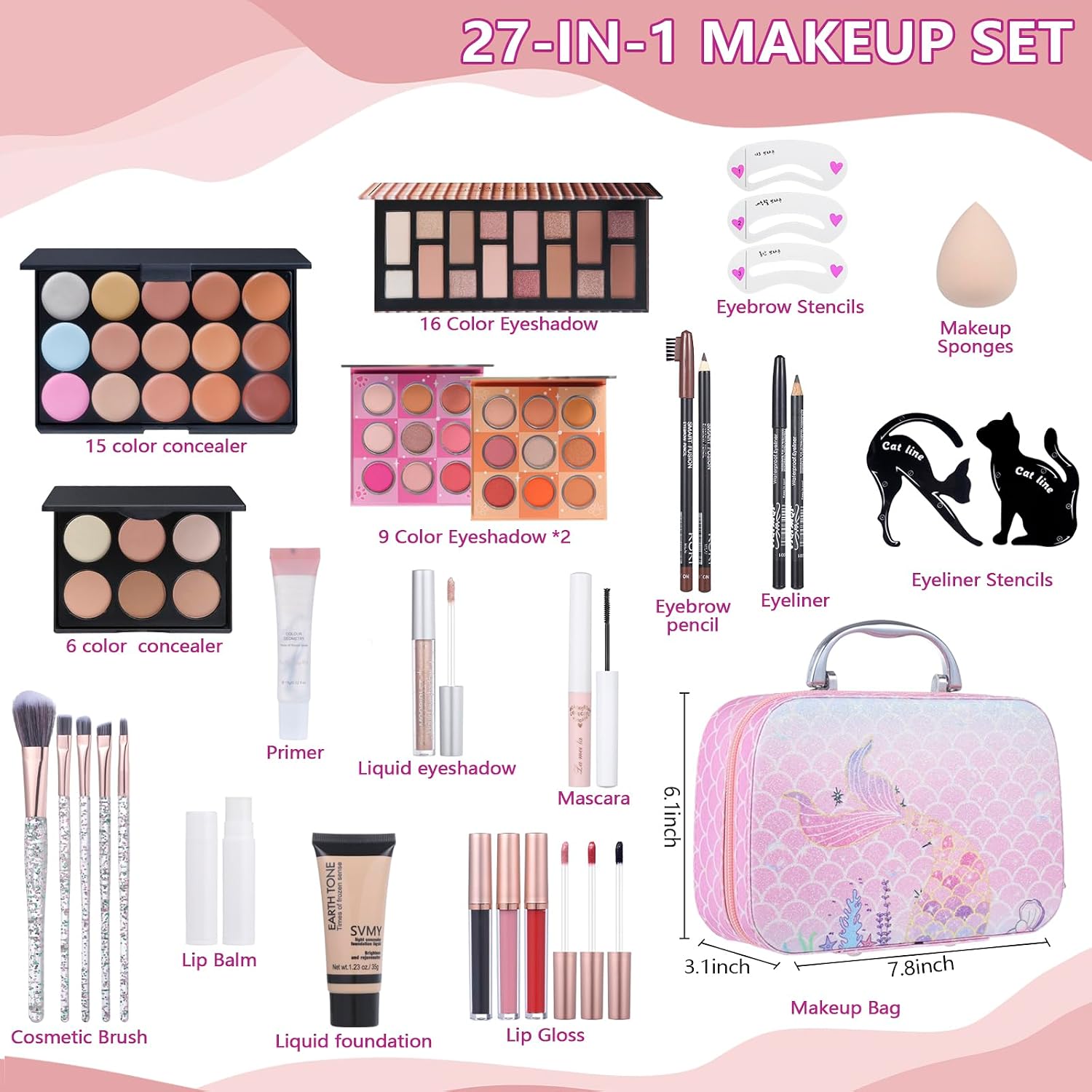 SET DE MAQUILLAJE MOOBIRLET COLORS 9 CON ESTUCHE ROSA Y 27 PRODUCTOS - 2