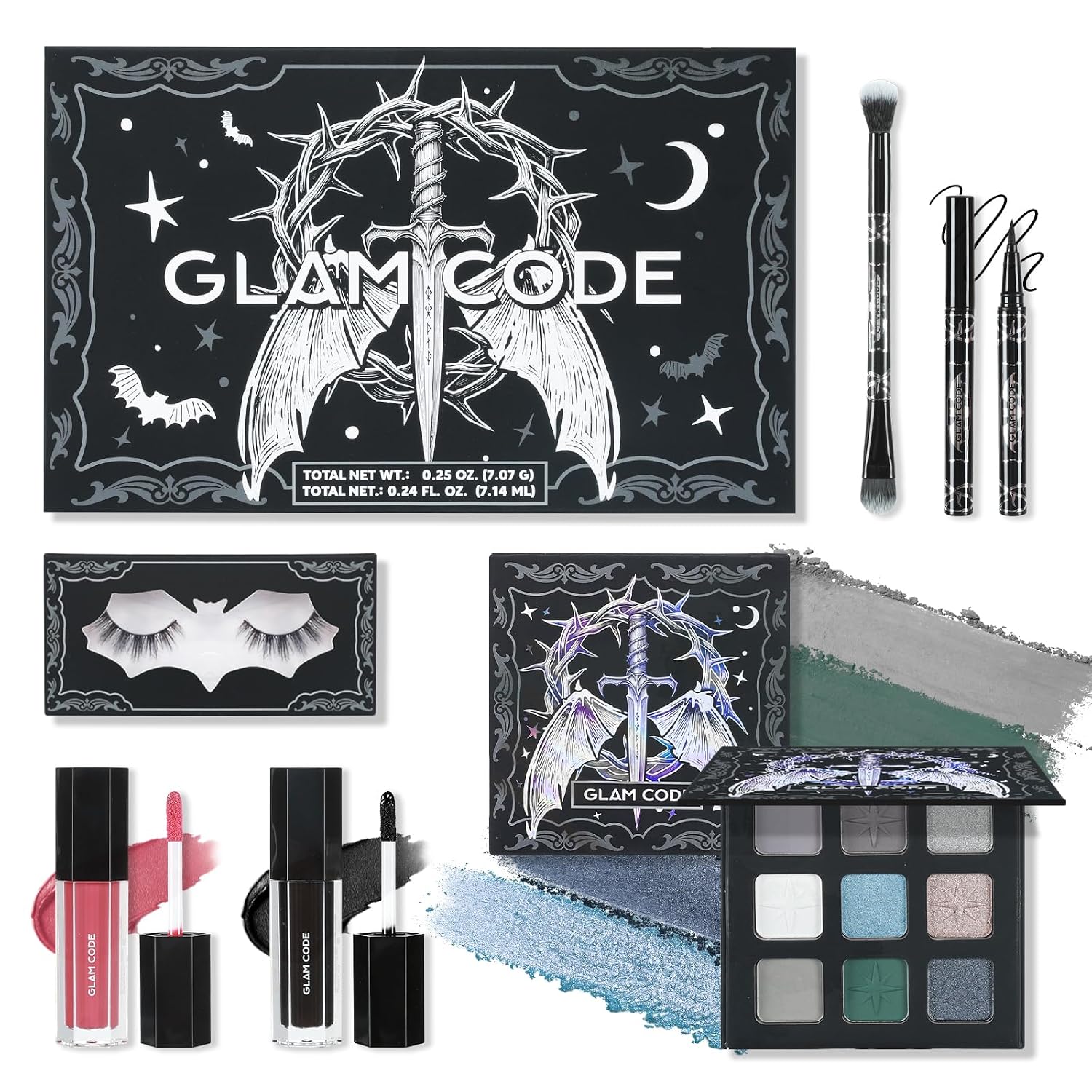 SET DE MAQUILLAJE GLAM CODE GOTH CON SOMBRA GRIS, DELINEADOR, PESTAÑAS POSTIZAS - 1