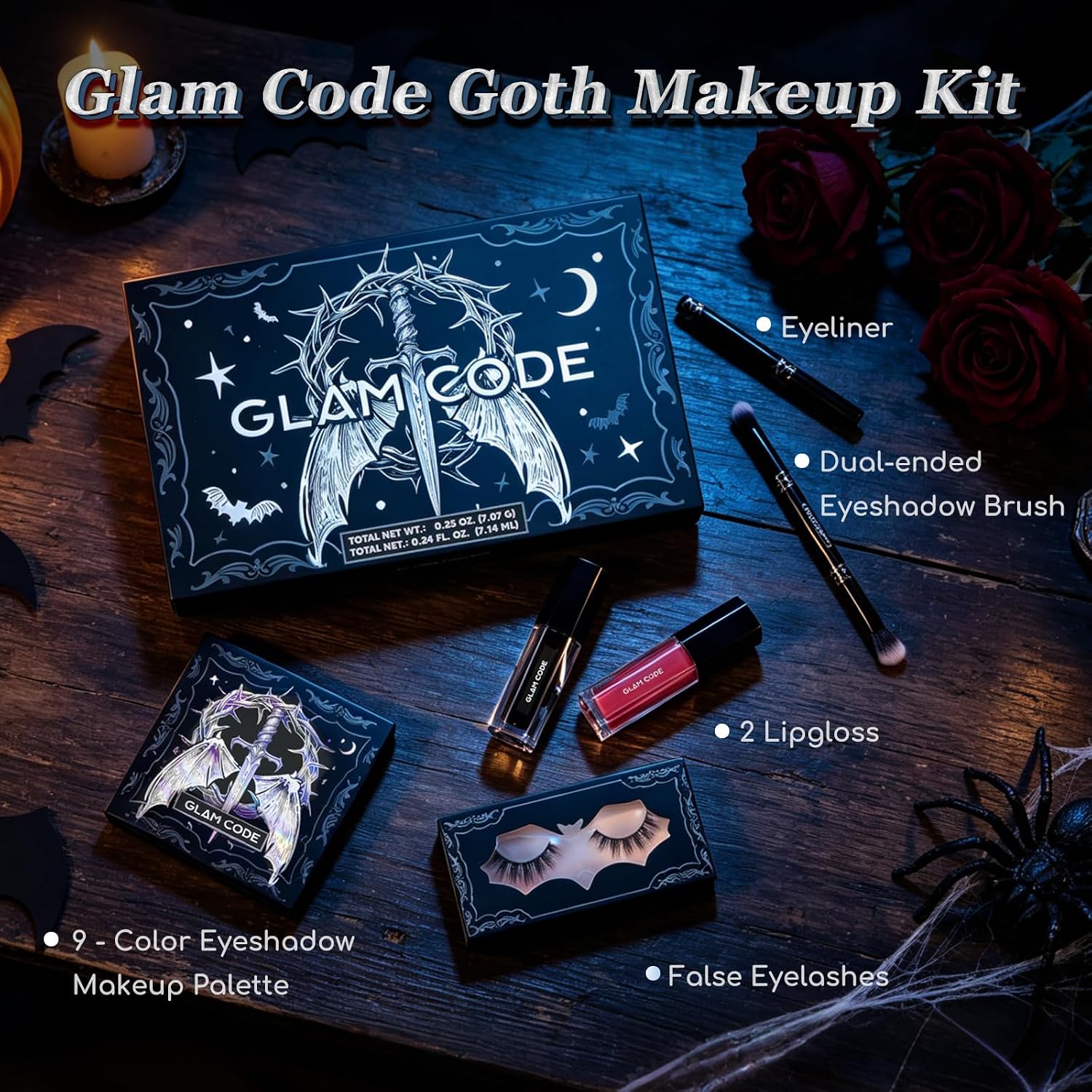 SET DE MAQUILLAJE GLAM CODE GOTH CON SOMBRA GRIS, DELINEADOR, PESTAÑAS POSTIZAS - 2
