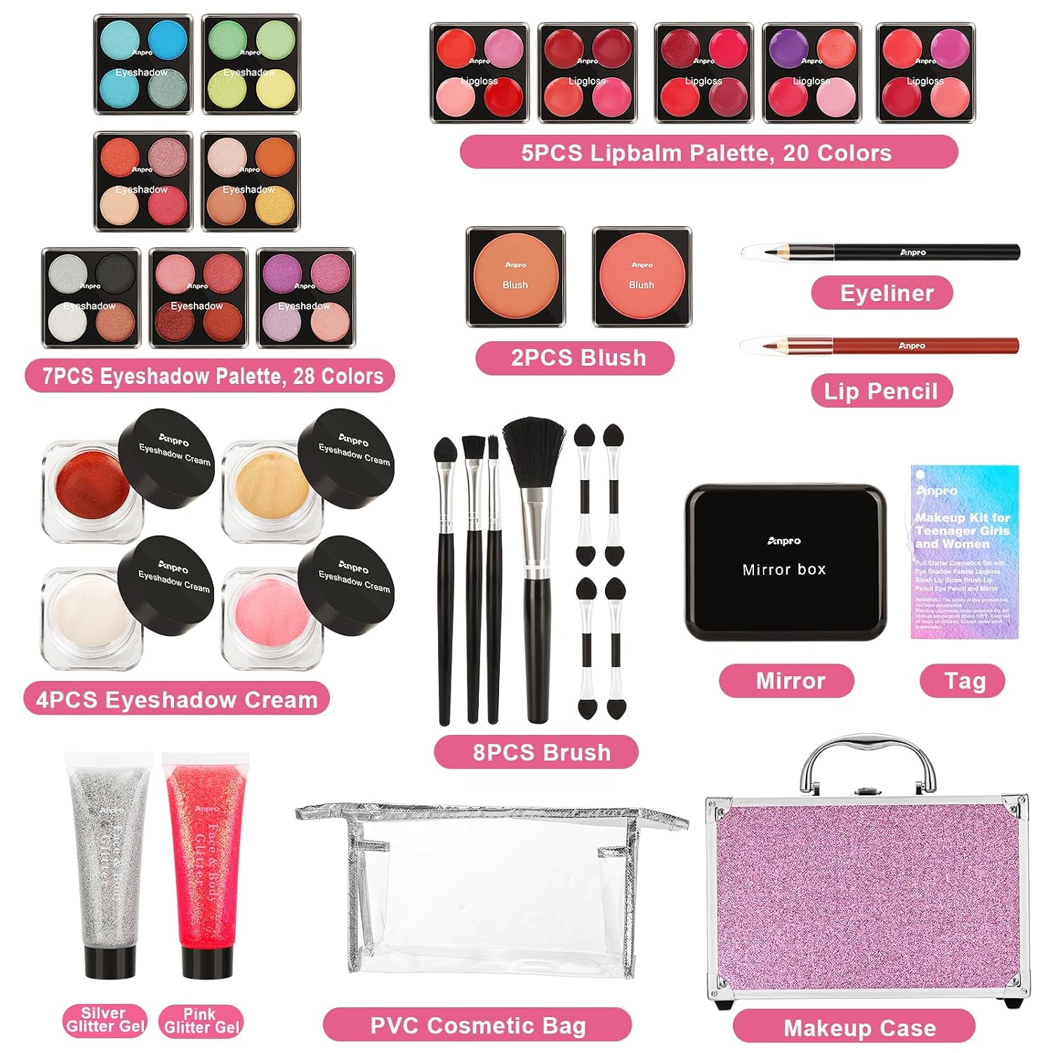 SET DE MAQUILLAJE PARA NIÑAS ANPRO 10-12 AÑOS CON ESTUCHE MORADO - 2