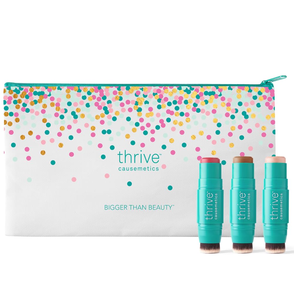 SET DE MAQUILLAJE THRIVE CAUSEMETICS TRIPLE THREAT COLOR STICK CON BOLSA, 3 TONOS CLAROS - 1