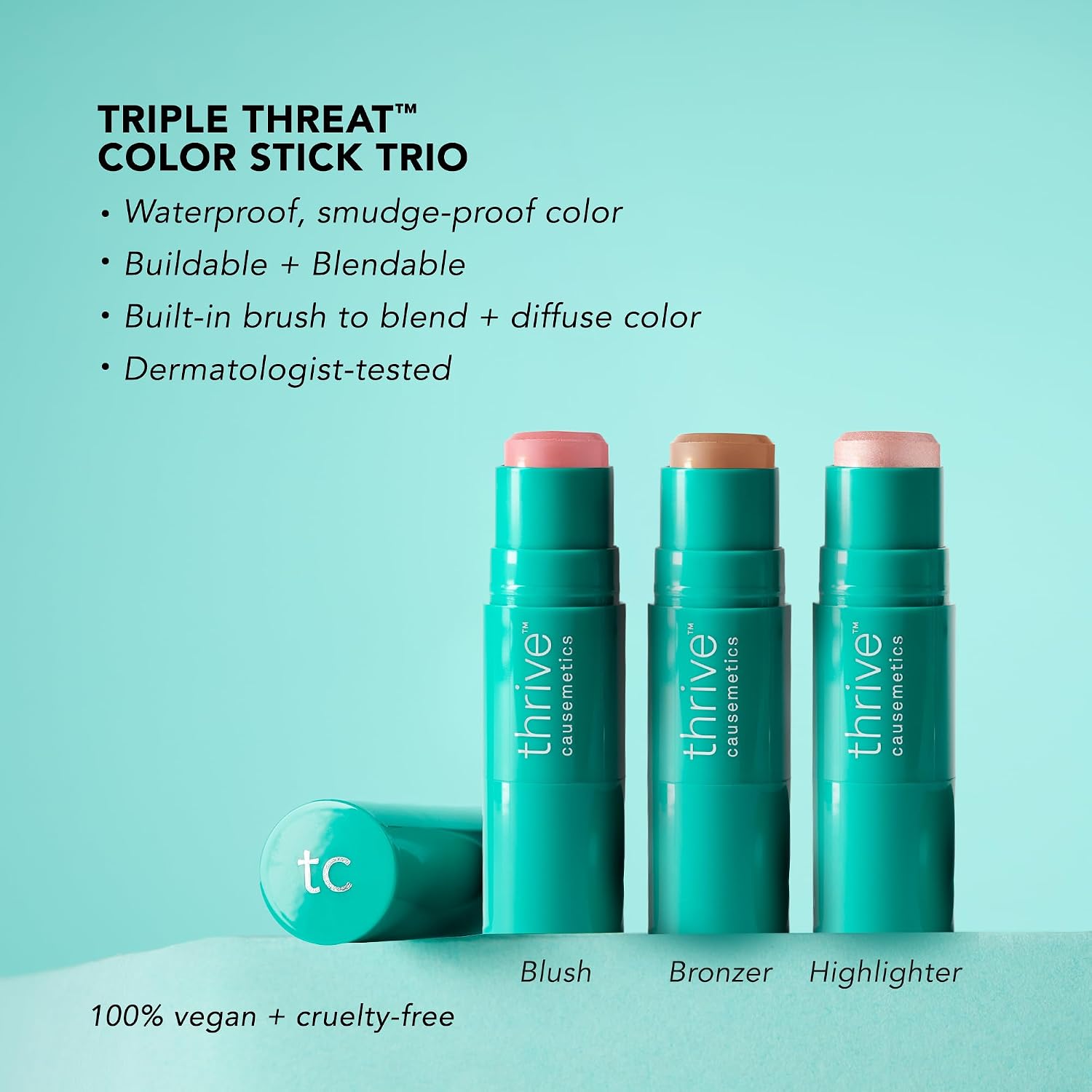 SET DE MAQUILLAJE THRIVE CAUSEMETICS TRIPLE THREAT COLOR STICK CON BOLSA, 3 TONOS CLAROS - 2