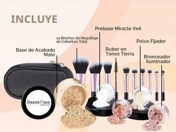 SET DE MAQUILLAJE MINERAL SWEET FACE MINERALS 16 PIEZAS CON 10 BROCHAS TAMAÑO VIAJE TONO CÁLIDO - 2