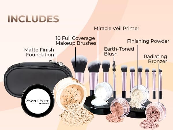 SET DE MAQUILLAJE MINERAL SWEET FACE MINERALS 16 PIEZAS CON 10 BROCHAS TAMAÑO VIAJE TONO FAIR 1 - 2