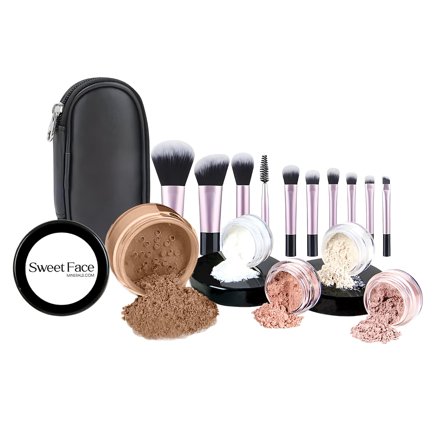 SET DE MAQUILLAJE MINERAL SWEET FACE MINERALS 16 PIEZAS CON 10 BROCHAS TAMAÑO VIAJE COLOR CACAO - 1
