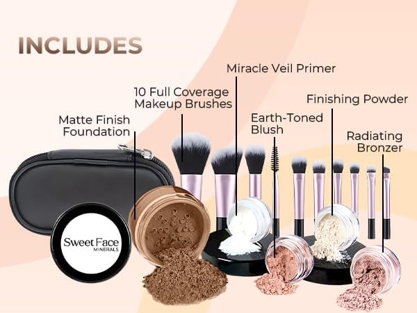 SET DE MAQUILLAJE MINERAL SWEET FACE MINERALS 16 PIEZAS CON 10 BROCHAS TAMAÑO VIAJE COLOR CACAO - 2