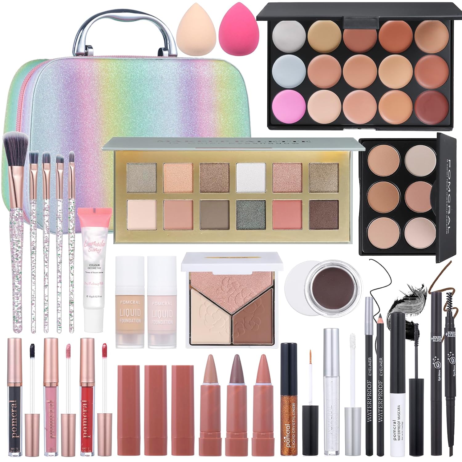 SET DE MAQUILLAJE POMCRAL COMPLETO CON PALETA DE SOMBRAS, BASE, CORRECTOR, LABIAL Y BROCHAS - 1