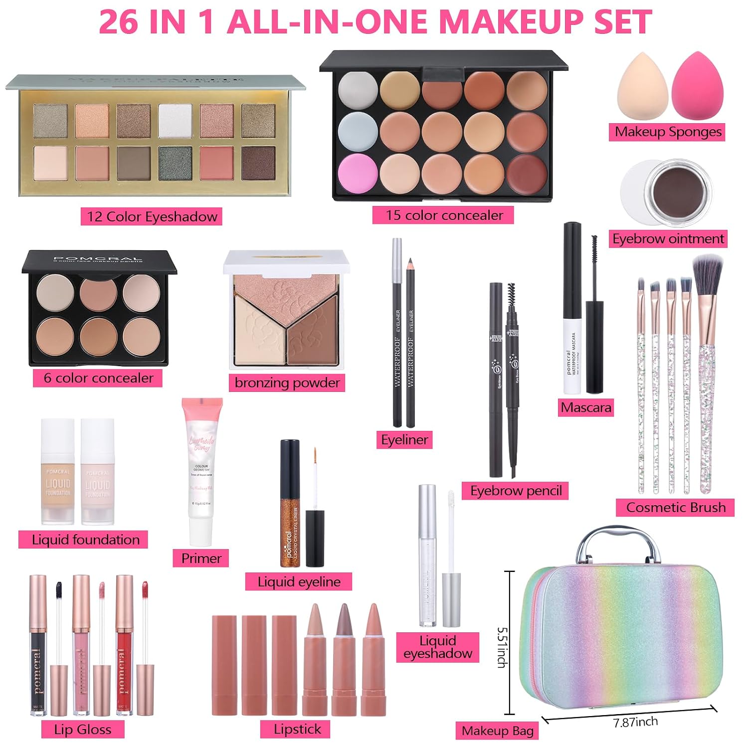 SET DE MAQUILLAJE POMCRAL COMPLETO CON PALETA DE SOMBRAS, BASE, CORRECTOR, LABIAL Y BROCHAS - 2