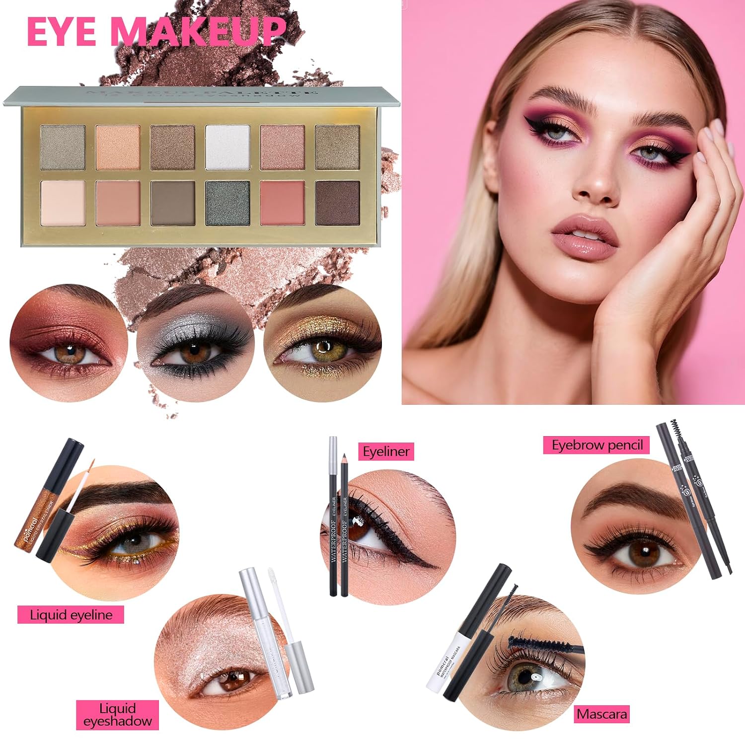 SET DE MAQUILLAJE POMCRAL COMPLETO CON PALETA DE SOMBRAS, BASE, CORRECTOR, LABIAL Y BROCHAS - 3