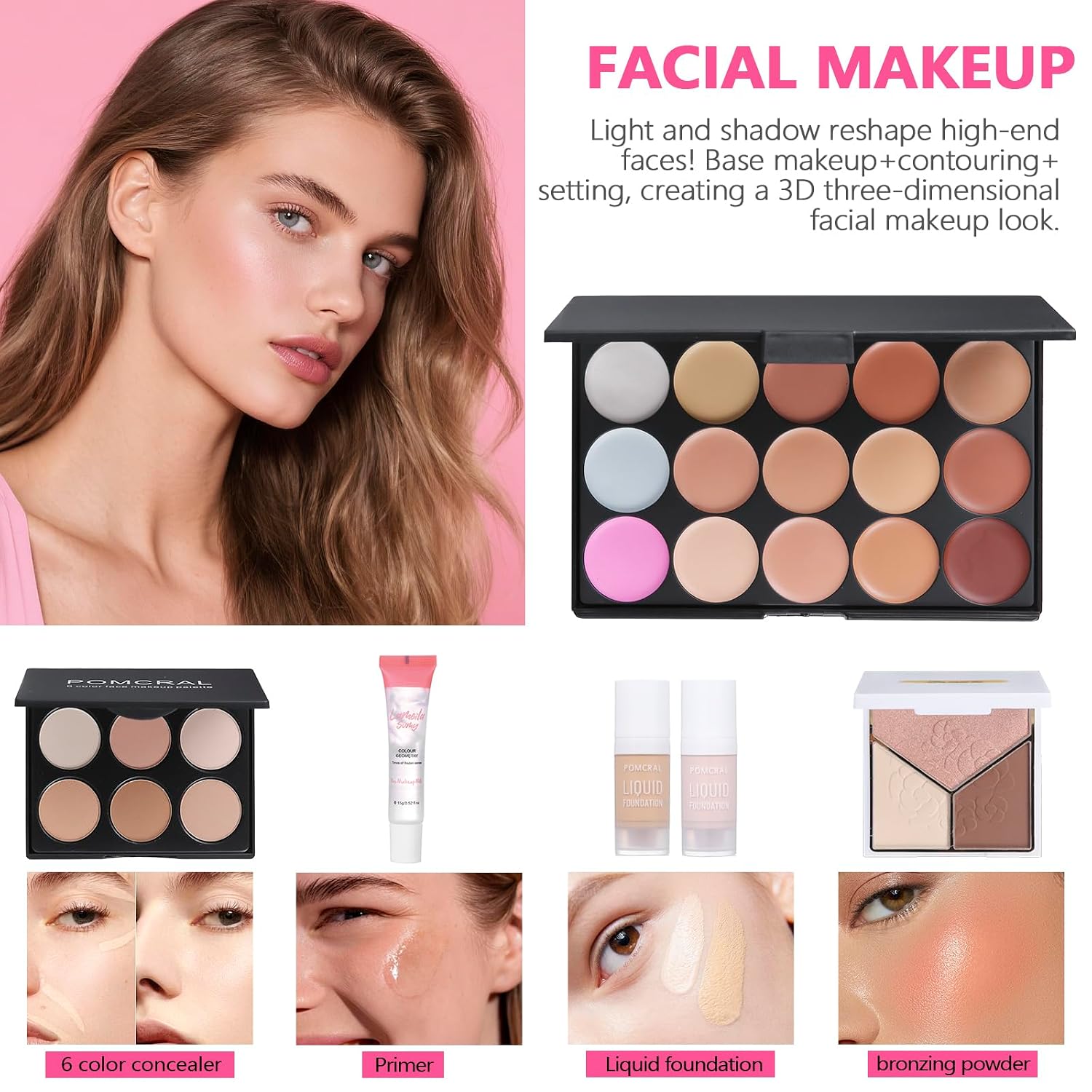 SET DE MAQUILLAJE POMCRAL COMPLETO CON PALETA DE SOMBRAS, BASE, CORRECTOR, LABIAL Y BROCHAS - 4