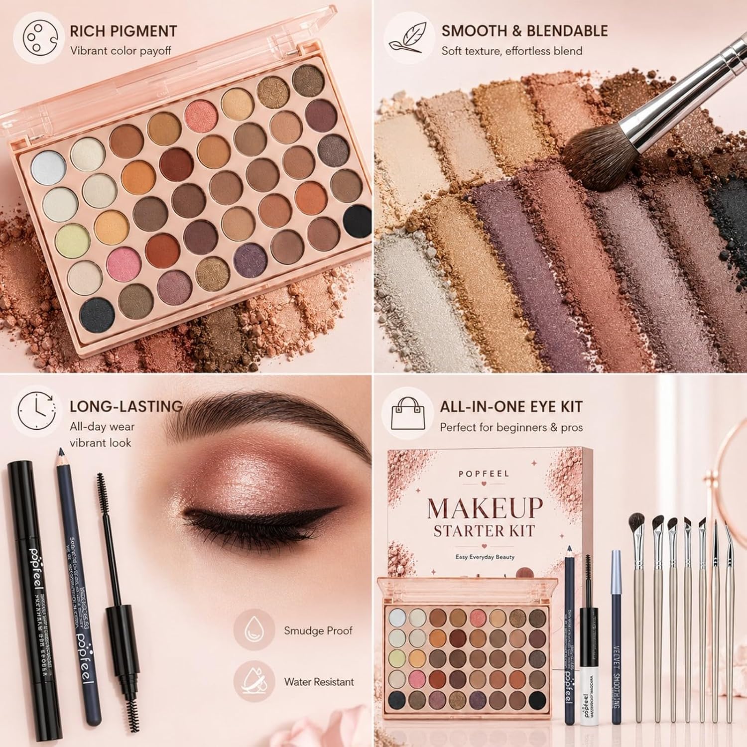SET DE MAQUILLAJE CON PALETA DE 40 SOMBRAS MOOGLAMOR COLOR ROSA CLARO - 3
