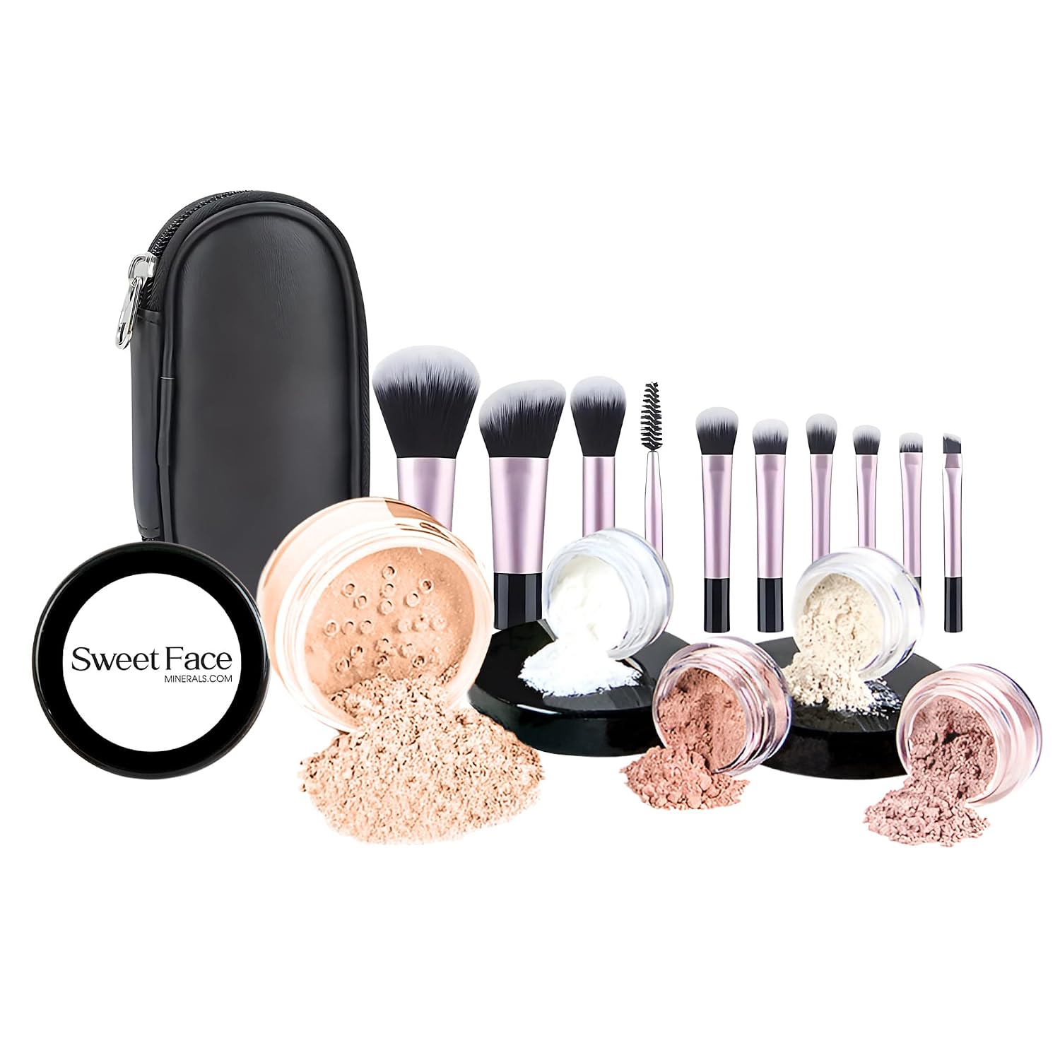 SET DE MAQUILLAJE MINERAL SWEET FACE MINERALS 16 PIEZAS CON 10 BROCHAS TAMAÑO MUESTRA ROSA BISQUE - 1