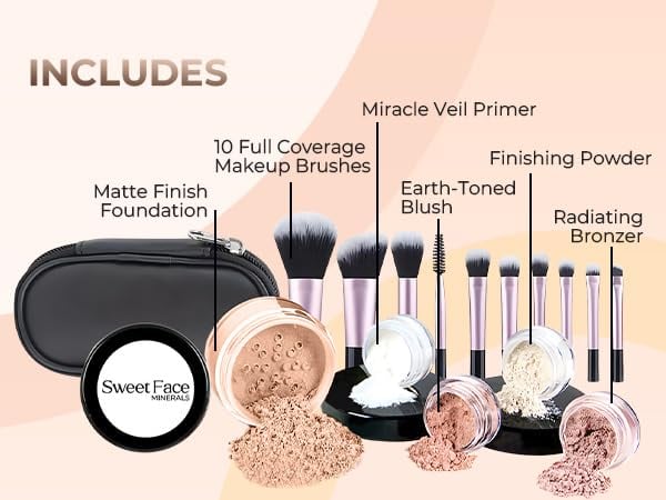 SET DE MAQUILLAJE MINERAL SWEET FACE MINERALS 16 PIEZAS CON 10 BROCHAS TAMAÑO MUESTRA ROSA BISQUE - 2