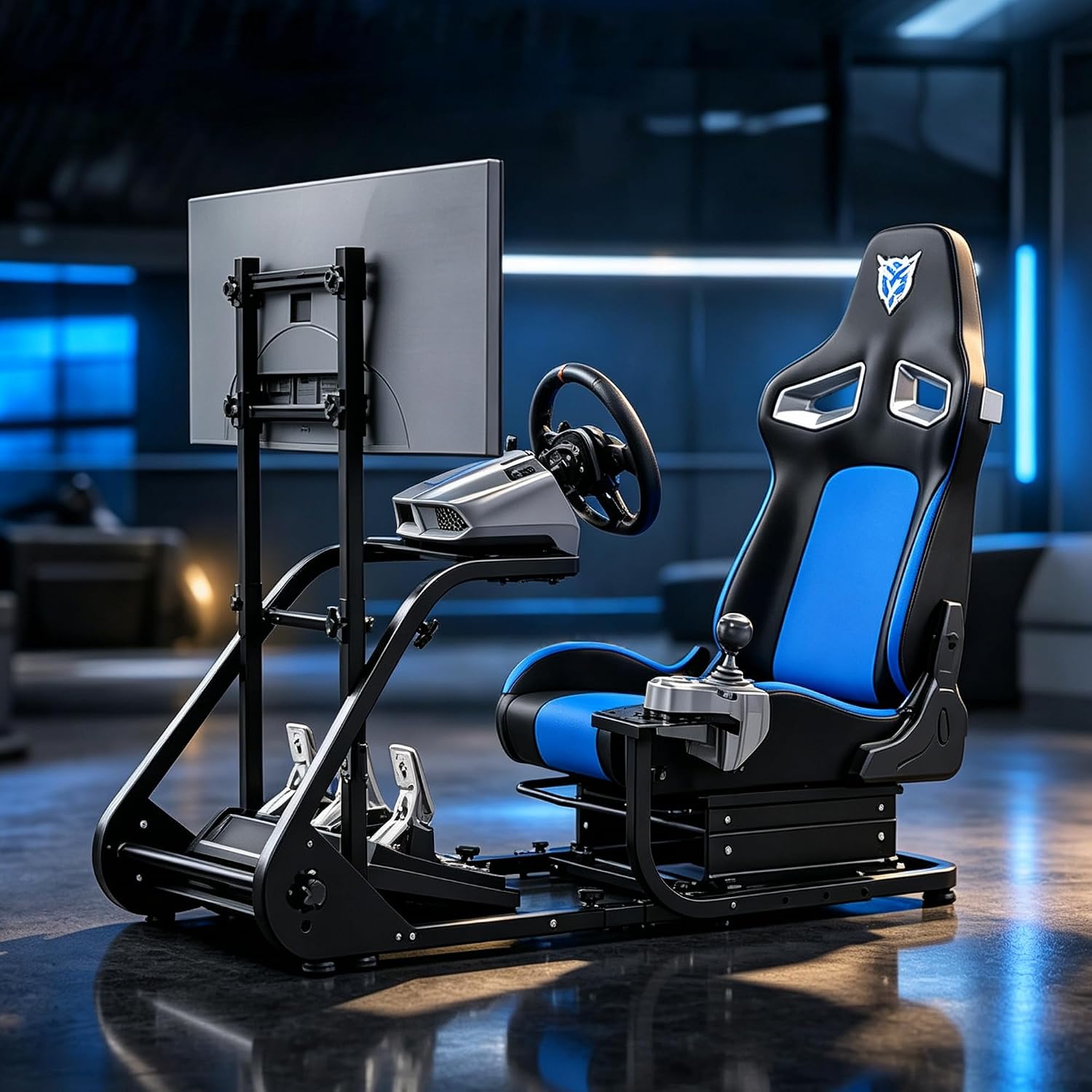 COCKPIT PARA SIMULADOR DE CARRERAS HPTMESX CON ASIENTO Y SOPORTE AJUSTABLE PARA MONITOR COMPATIBLE CON PC, PS5 Y XBOX - 1