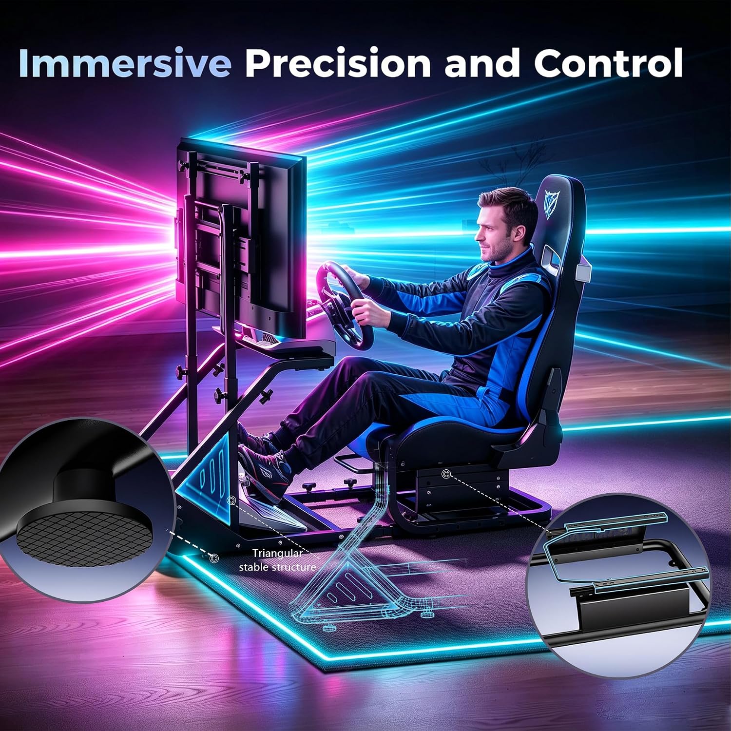 COCKPIT PARA SIMULADOR DE CARRERAS HPTMESX CON ASIENTO Y SOPORTE AJUSTABLE PARA MONITOR COMPATIBLE CON PC, PS5 Y XBOX - 2