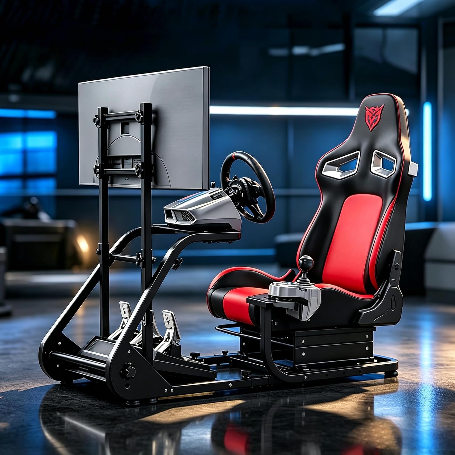 COCKPIT PARA SIMULADOR DE CARRERAS HPTMESX CON ASIENTO Y SOPORTE AJUSTABLE PARA MONITOR COMPATIBLE CON PC, PS5 Y XBOX - 1