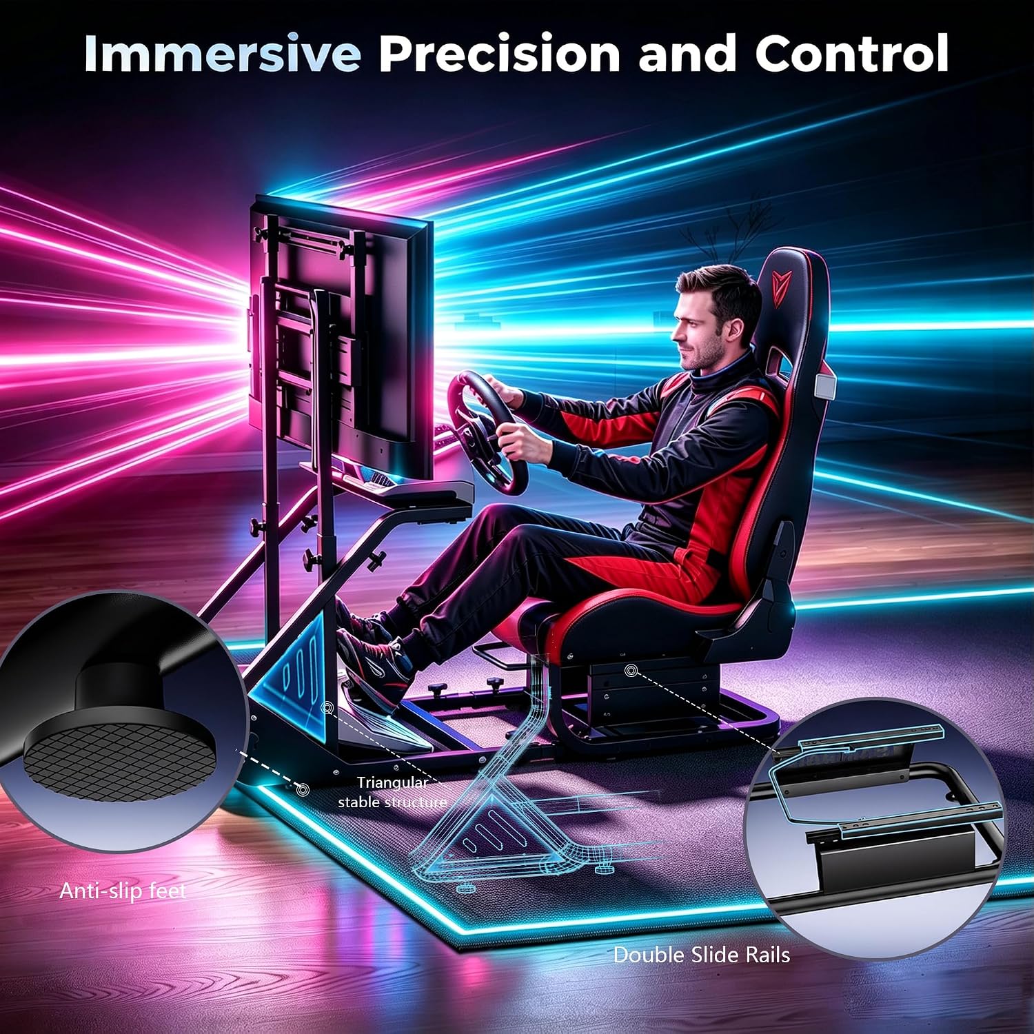 COCKPIT PARA SIMULADOR DE CARRERAS HPTMESX CON ASIENTO Y SOPORTE AJUSTABLE PARA MONITOR COMPATIBLE CON PC, PS5 Y XBOX - 2